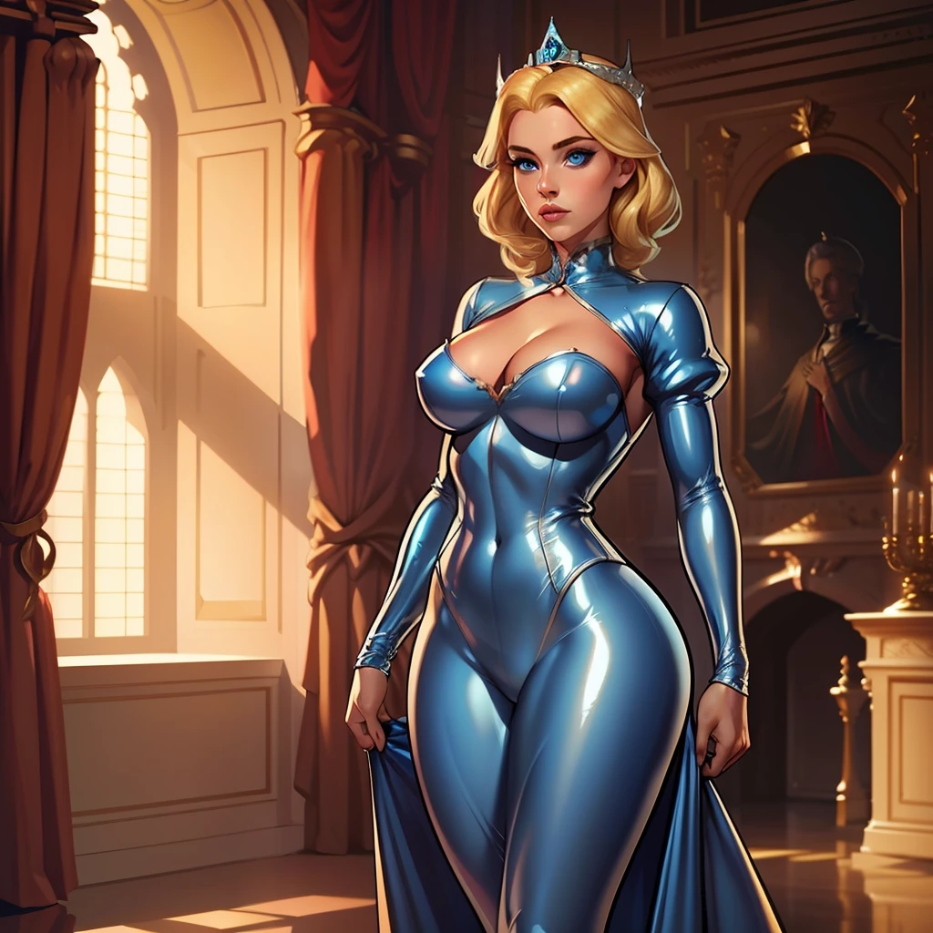 a woman, blonde hair, blue eyes, medium hair, inside a castle, Cinderella, latex bodysuit, well-defined body, masterpiece, best quality, high quality, detailed body, detailed face