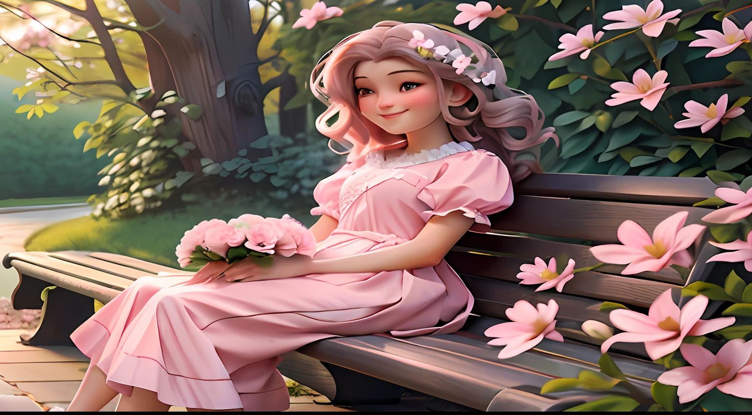 A woman is sitting on a bench, holding a bouquet of delicate flowers. Her hair is loose and slightly wavy as she smiles softly. The background is filled with a pastel shade of pink, creating a serene and romantic atmosphere.