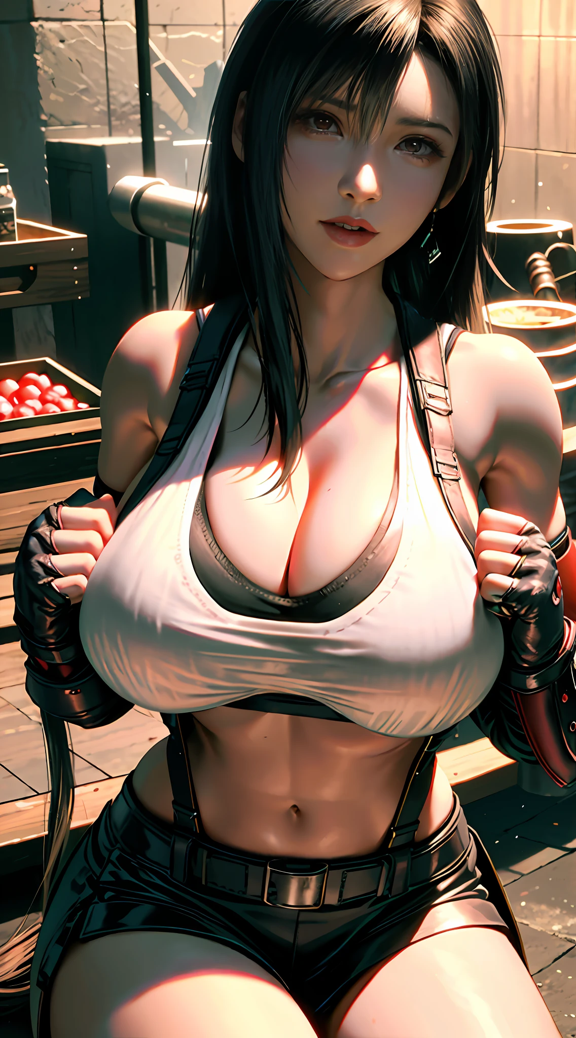 Tifa lockhart, tifa_lockhart, ff7, sultry face, (white sports bra:1.5), black latex miniskirt, (black long hair), hair bangs (red eyes:1.2) long eyelashes, beautiful red eyes with brightness, surrealism, shadow, stereogram, POV, atmospheric perspective, cinematic lighting, ray tracing, 8k, super detail, best quality, masterpiece, well detailed, combat gloves, big breasts, slim, large boobs, huge boobs, (((ridiculously large breasts))), (absurdly huge breasts:1.5), ((gigantomastia)), ((macromastia)), (((gigantic breasts))), (((((enormous breast))))), spreading legs, white thong (smiling) anime style