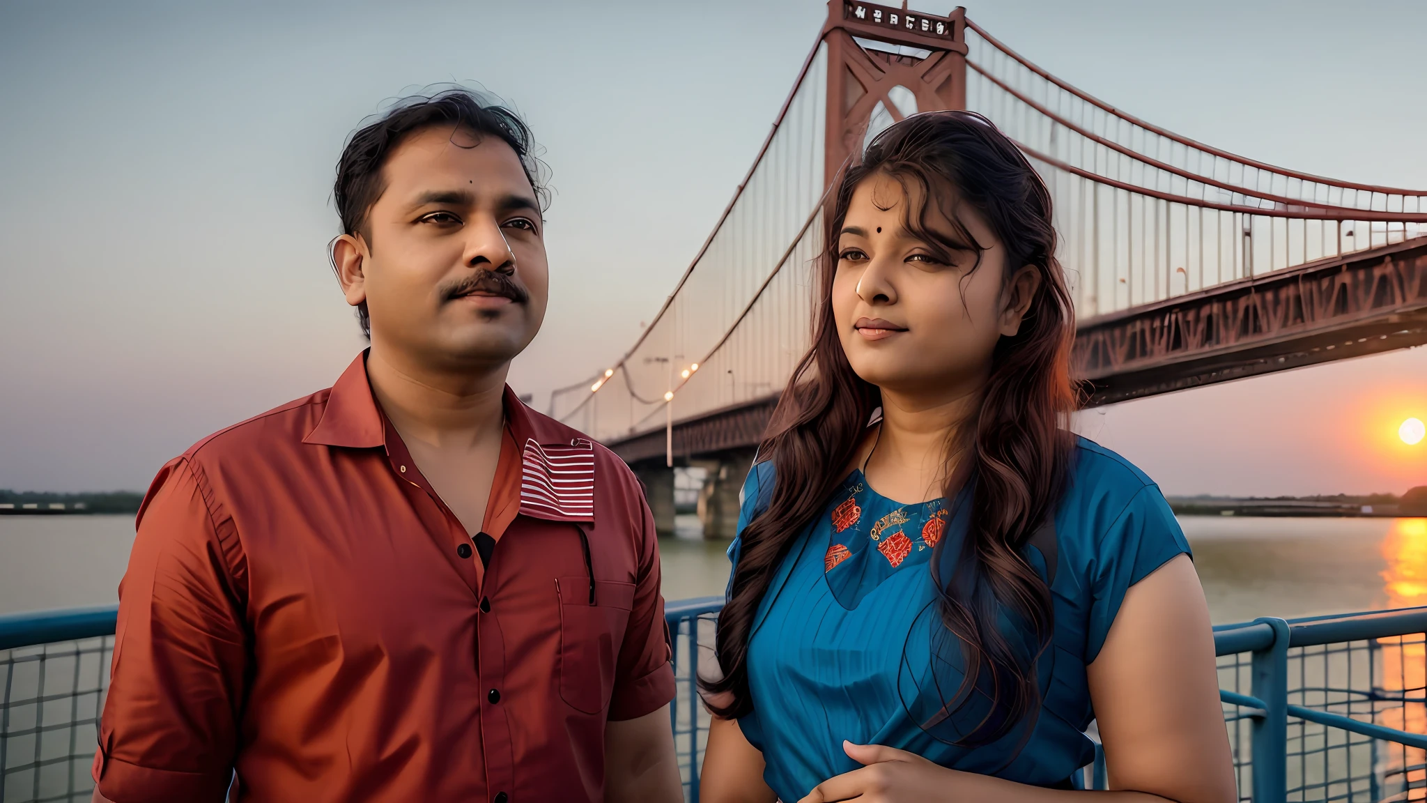 there is a man and woman standing in front of a bridge, new song, inspired by Sunil Das, assamese, wpol and sarasti, backup vocalists, music video, by Milton Menasco, video still, assamese aesthetic, promo image, inspired by Odhise Paskali, youtube thumbnail, by Odhise Paskali