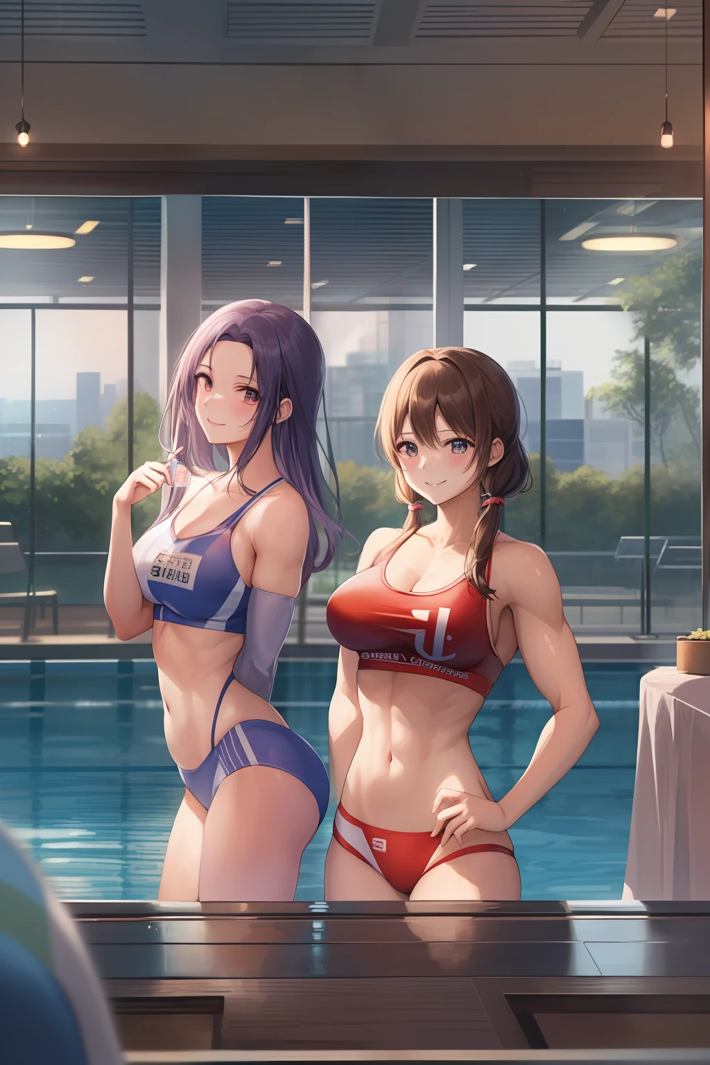 High quality. Best Quality,animesque,Two muscular women。Pool Venue。congress。a smile,forehead,Beautiful woman with perfect body shape。Lit up、unclear