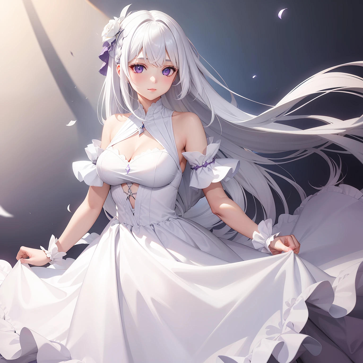 a women, white hair, purple eyes, white dress
