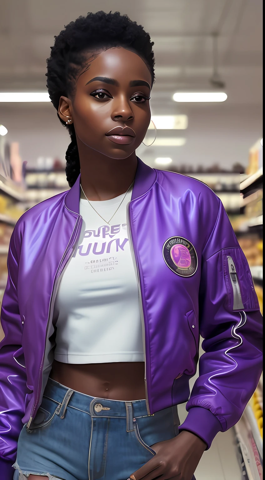 (8k, ARTISTIC photography, best quality, masterpiece: 1.2), (realistic, photorealistic: 1.37), over-detailed, (high-detail skin: 1.2), 8k uhd, SLR camera, soft lighting, high quality, film grain, Arri Alexa mini,, professional lighting, photonic display, brightness, physically rendered photo (cyber punk Girl, hacker, dark skin, Afro-american, shopping in a bodega ), beautiful face ((Raylin Joy)), ((half smile)), over-detailed face, (((big open eyes))), beautiful body, toned body, perky breast (( dressed in crop purple bomber jacket)), (((over-detailed clothing))), (((the color of the clothes is purple))), (((futuristic minimalist outfits))), posing, in a local small grocery shop as background, (((pure 8K))), (((perfect anatomy))), extremely high-quality graphics, midday sunlight, (((cinematic lighting))), ((clear details)), complex, highly detailed background,