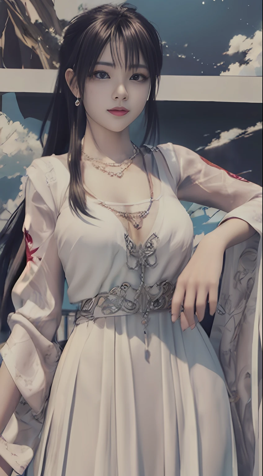 Alabi Asian woman wearing white dress，Wearing a large necklace, Guviz-style artwork, Guviz, guweiz masterpiece, Anime style. 8K, photorealistic anime girl rendering, [ 4 K digital art ]!!, Realistic anime 3 D style, beautiful and seductive anime woman, Guweiz on ArtStation Pixiv，Different postures