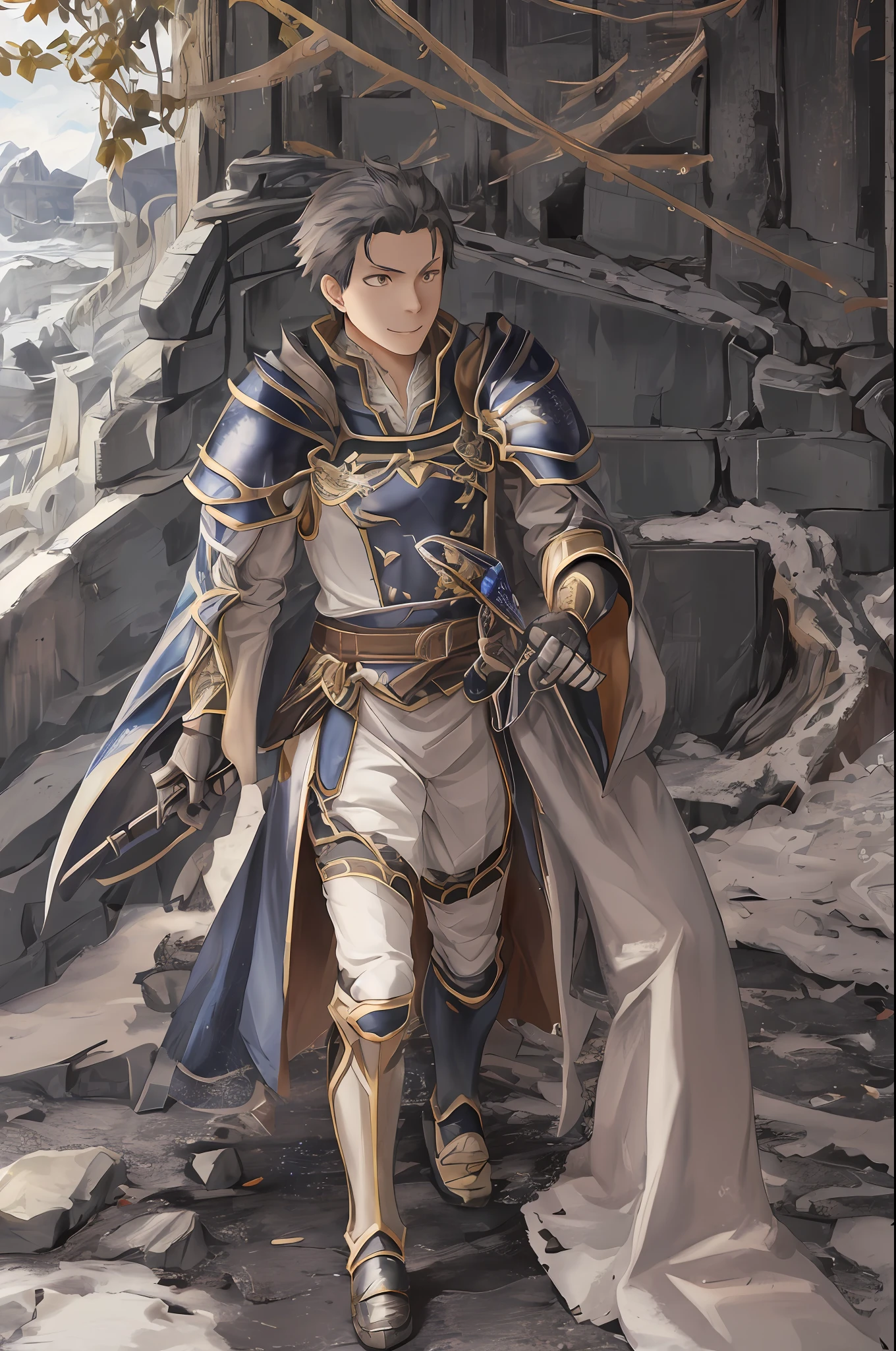 (1 Adult male),A high resolution, Sharp focus, Pixiv masterpiece, ((Complicated details)), highly detailed, natsuki_subaru, 1 man, ssmile,full bodyesbian, greene eyes(eyes glowing), with short white hair,Armour,cloaks,Shoulder armor,perspire,look from down