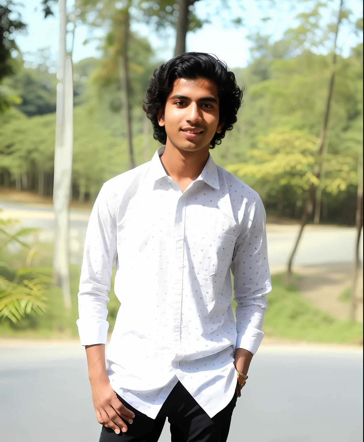 arafed man standing on a skateboard in the middle of the road, riyahd cassiem, ayan nag, jayison devadas, mohamed chahin, full body photogenic shot, in front of a forest background, inspired by Bikash Bhattacharjee, full body photograph, jayison devadas style, around 1 9 years old, portait image