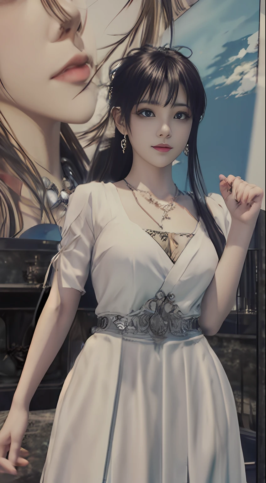 Alabi Asian woman wearing white dress，Wearing a large necklace, Guviz-style artwork, Guviz, guweiz masterpiece, Anime style. 8K, photorealistic anime girl rendering, [ 4 K digital art ]!!, Realistic anime 3 D style, beautiful and seductive anime woman, Guweiz on ArtStation Pixiv，Different postures