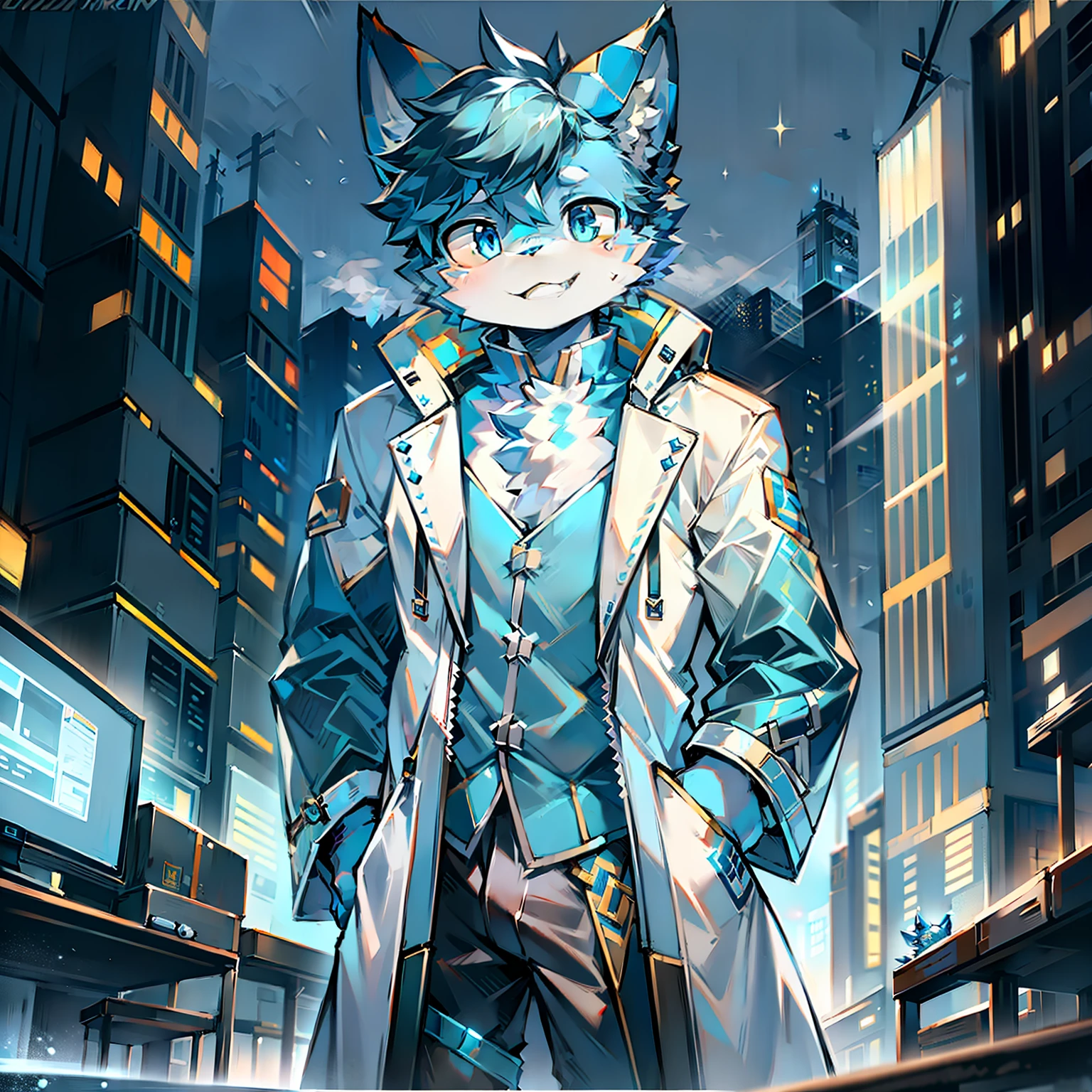 Cybermetropolis,Thunder,drifting snow,Male juvenile blue cat,Electronic right eye,Chinese trench coat,