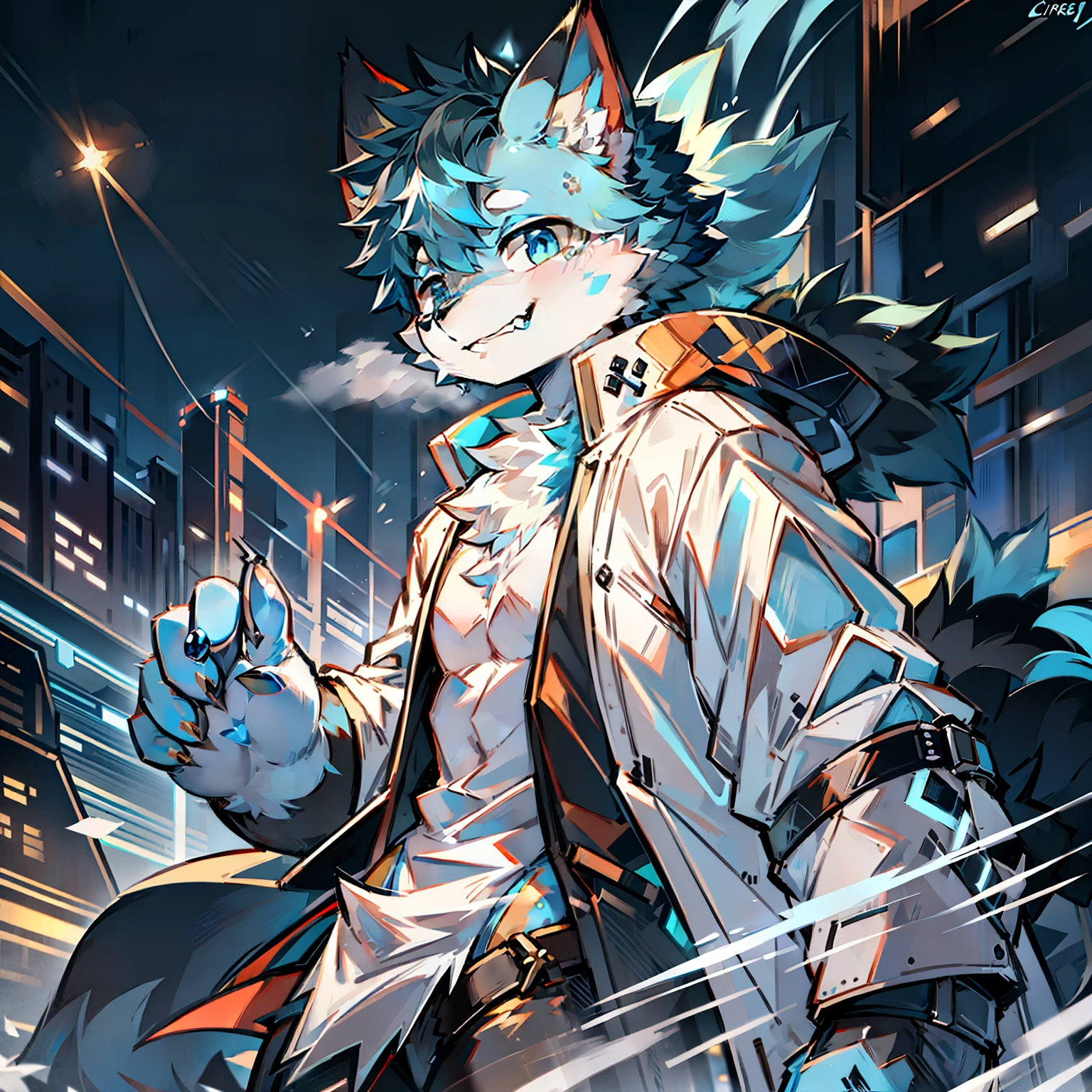 Cybermetropolis，Thunder，drifting snow，Male juvenile blue cat，Electronic right eye，Chinese trench coat，