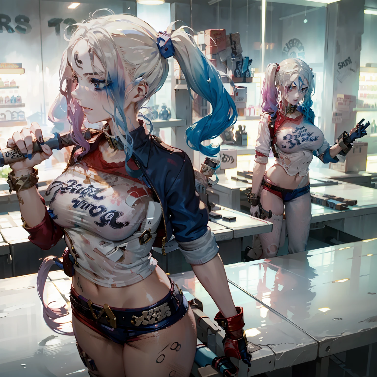Behind bars,Get wet,pigment,Powder blue gradient double ponytail,Royal Sister,Large breasts,hot girls,Raised sexy,holding gun,arma,Weapons Shop,suicide,Dismissive,Tsundere
