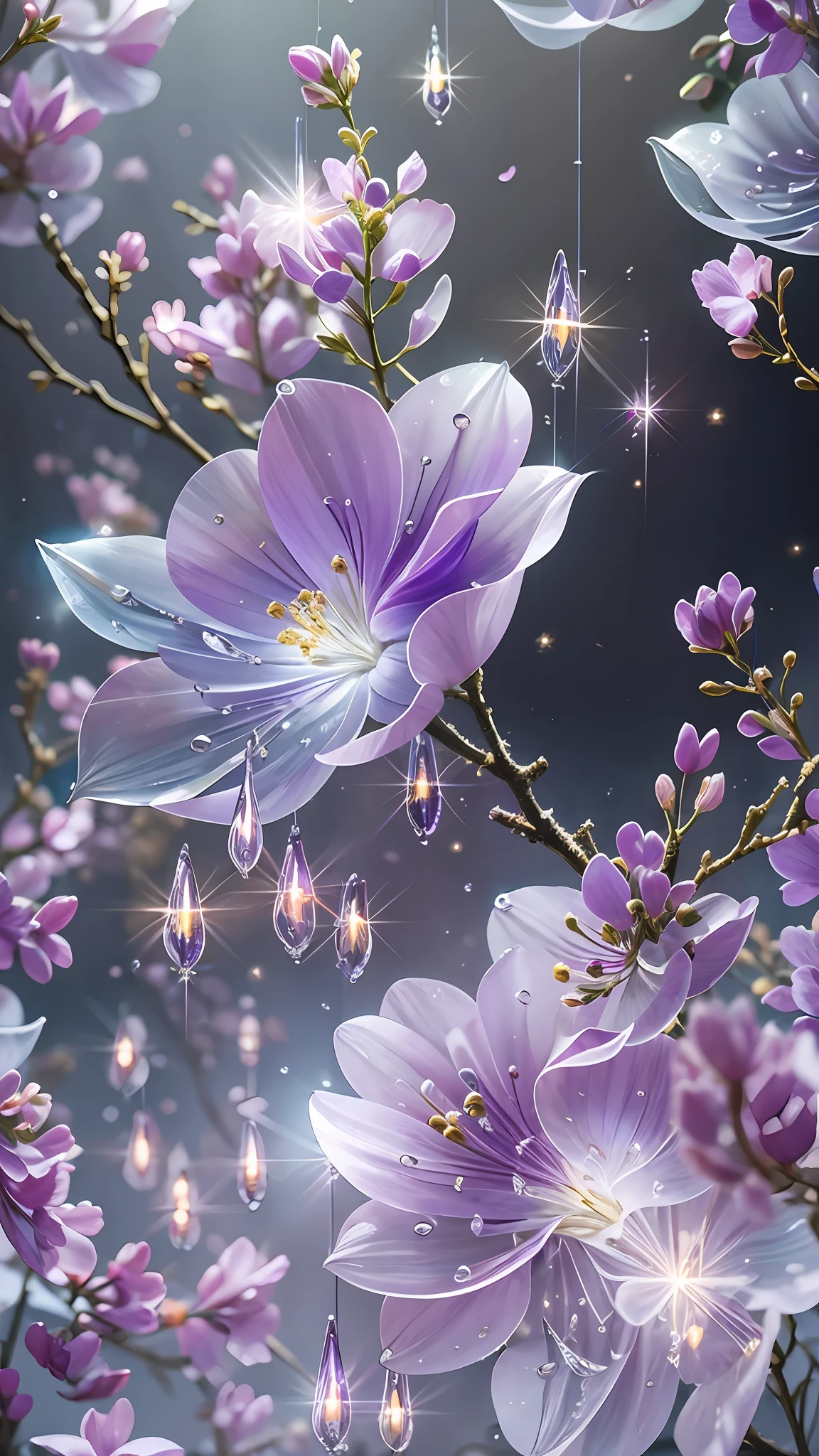 branch of delicate lilac flowers, super transparent, holy light, beautiful spectral light, petals glow, flashing, dark background, drops of transparent light, reflective light, bright, light streaming in, optics, portrait profile, sharp focus, magical, intricate, ultra realistic, fantasy, composition, light, trend on artstation, pearl, patronus cloud of silvery vapor, corrosive enveloping ray family, 8k, ureal ar 23v4 uplight