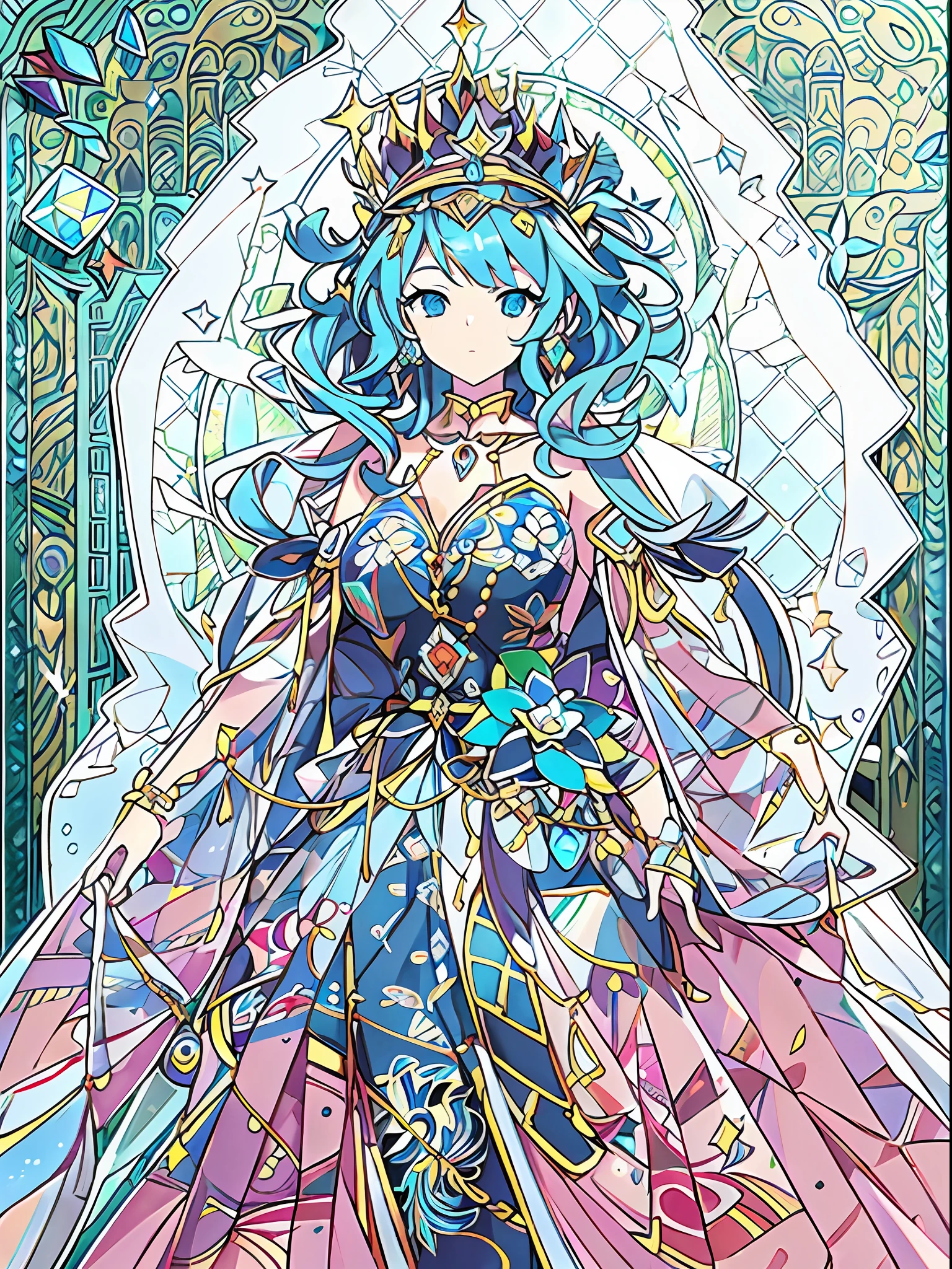 full body,card,a queen,blue crystal,fantacy,hyperrealistic anime,Quilted paper art,Glass Art,(best quality,Extreme detail,clear line:1.5),8k