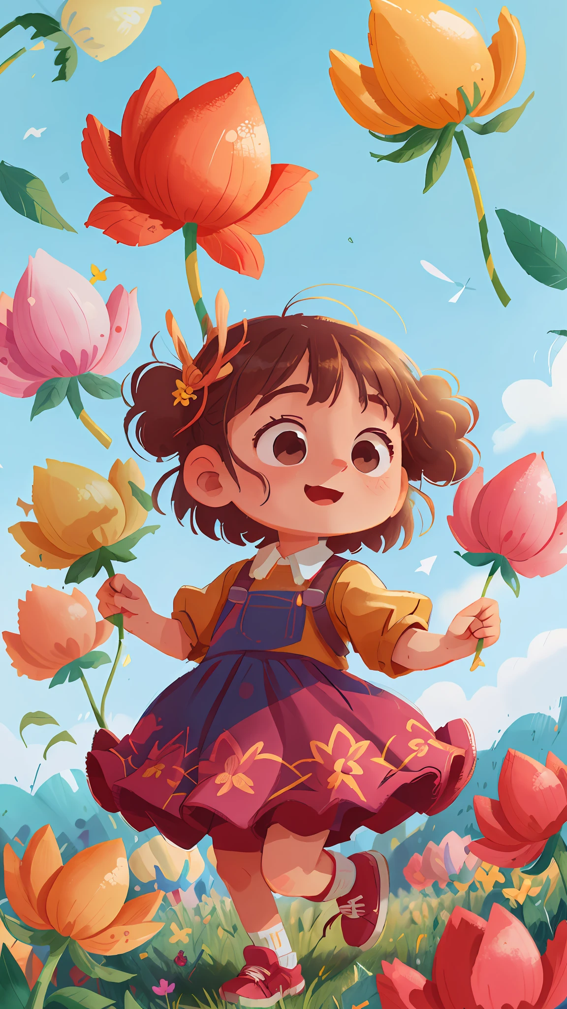 A girl holding flowers, colorful balloons floating in the sky, meadow, dancing, holding flowers, happy, happy, perfect quality, clear focus (clutter-home: 0.8), (masterpiece: 1.2) (Realistic: 1.2) (Bokeh) (Best quality) (Detailed skin: 1.3) (Intricate details) (8K) (Detail Eyes) (Sharp Focus), (Happy)