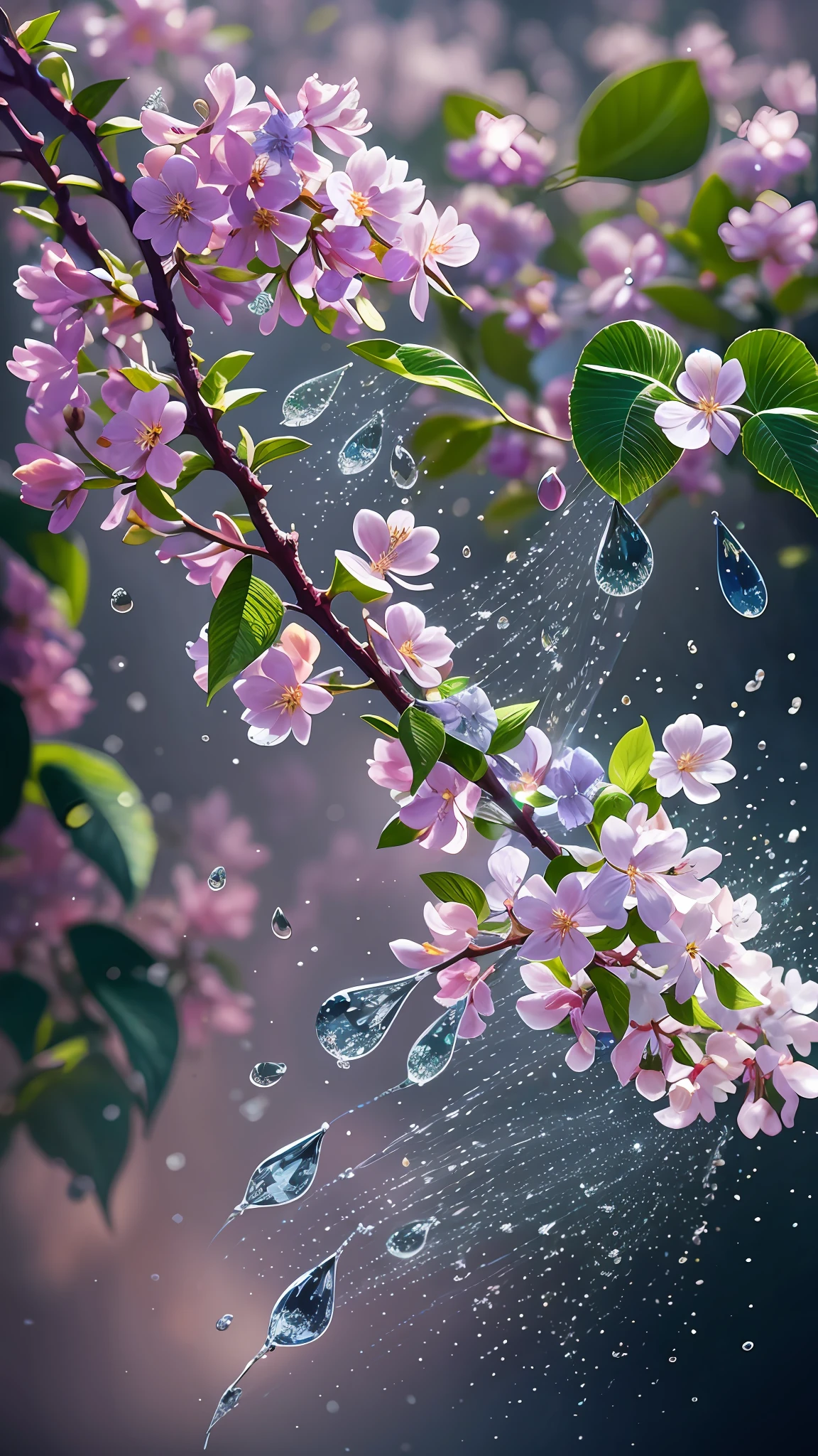 branch of delicate lilac flowers, super transparent, holy light, beautiful spectral light, petals glow, flashing, dark background, drops of transparent light, reflective light, bright, light streaming in, optics, portrait profile, sharp focus, magical, intricate, ultra realistic, fantasy, composition, light, trend on artstation, pearl, patronus cloud of silvery vapor, corrosive enveloping ray family, 8k, ureal ar 23v4 uplight