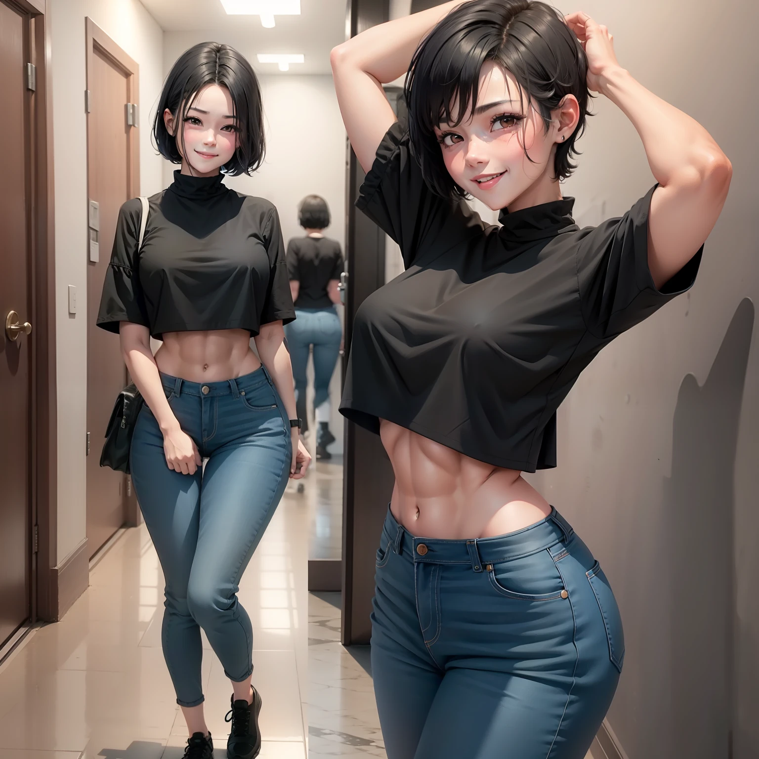 Girl with short black hair lifts her blouse to show off her strong abs and smiles,Full body photo