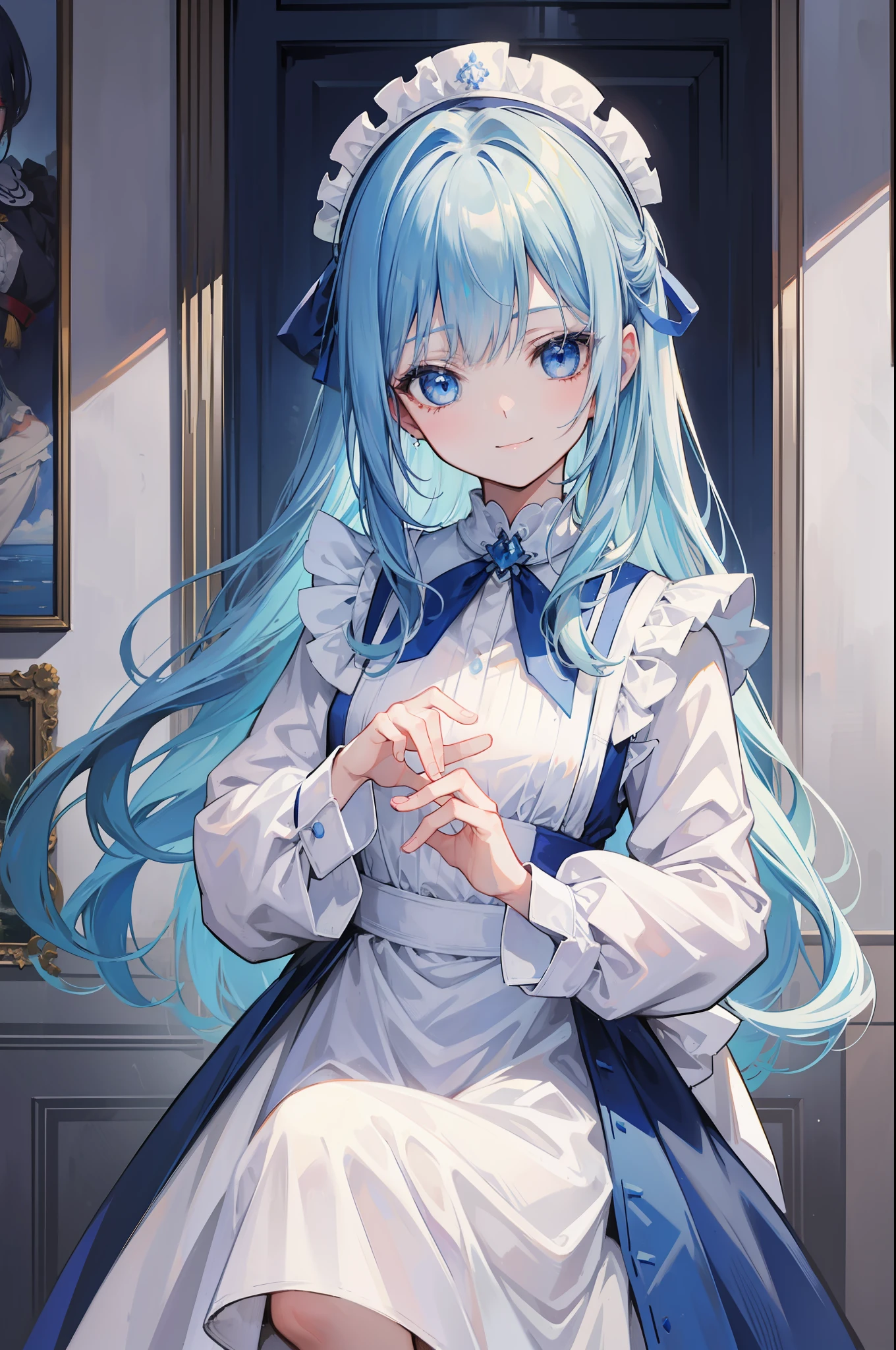 1 girl in、(Light blue long hair)、Blue eyes、((Jersey Maid Clothing))、frilld、Moe Sleeve、A mischievous smile、Poses with Sense、inside the house、Inserting light、in a house、细致背景、(High resolution of the highest quality)、((Masterpiece Highest Quality:1.2)), [[Broken face]], [[Fused fingers]], [[Tangled fingers]], [[[multiple limbs]]], [[Malformed hands]], [[[Skin revealing]]]