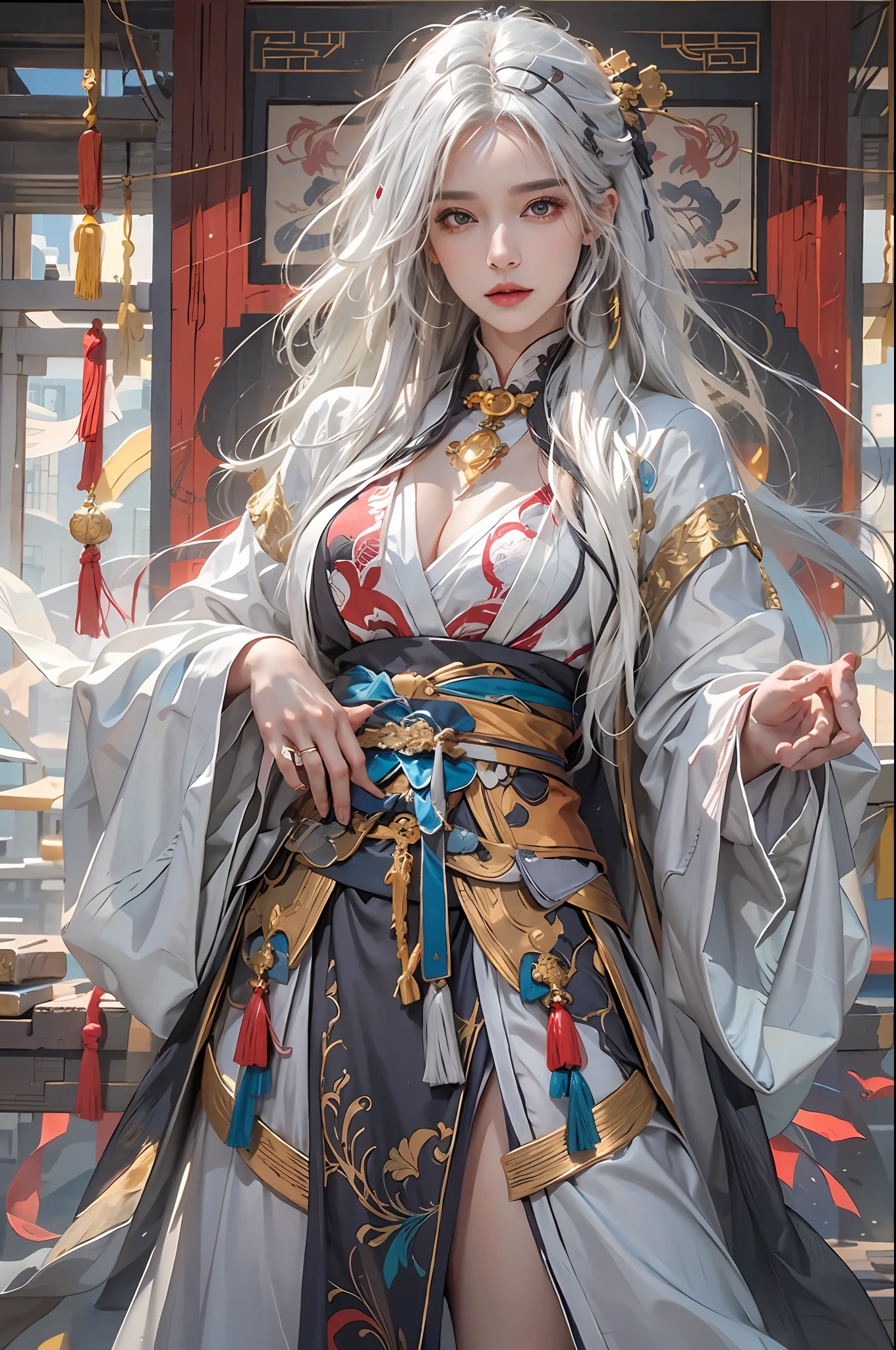 photorealistic, high resolution, 1women, solo, hips up, look at viewer, (detailed face), white hair, long hair, colorful Taoist robe,oversized clothes, jewelry
