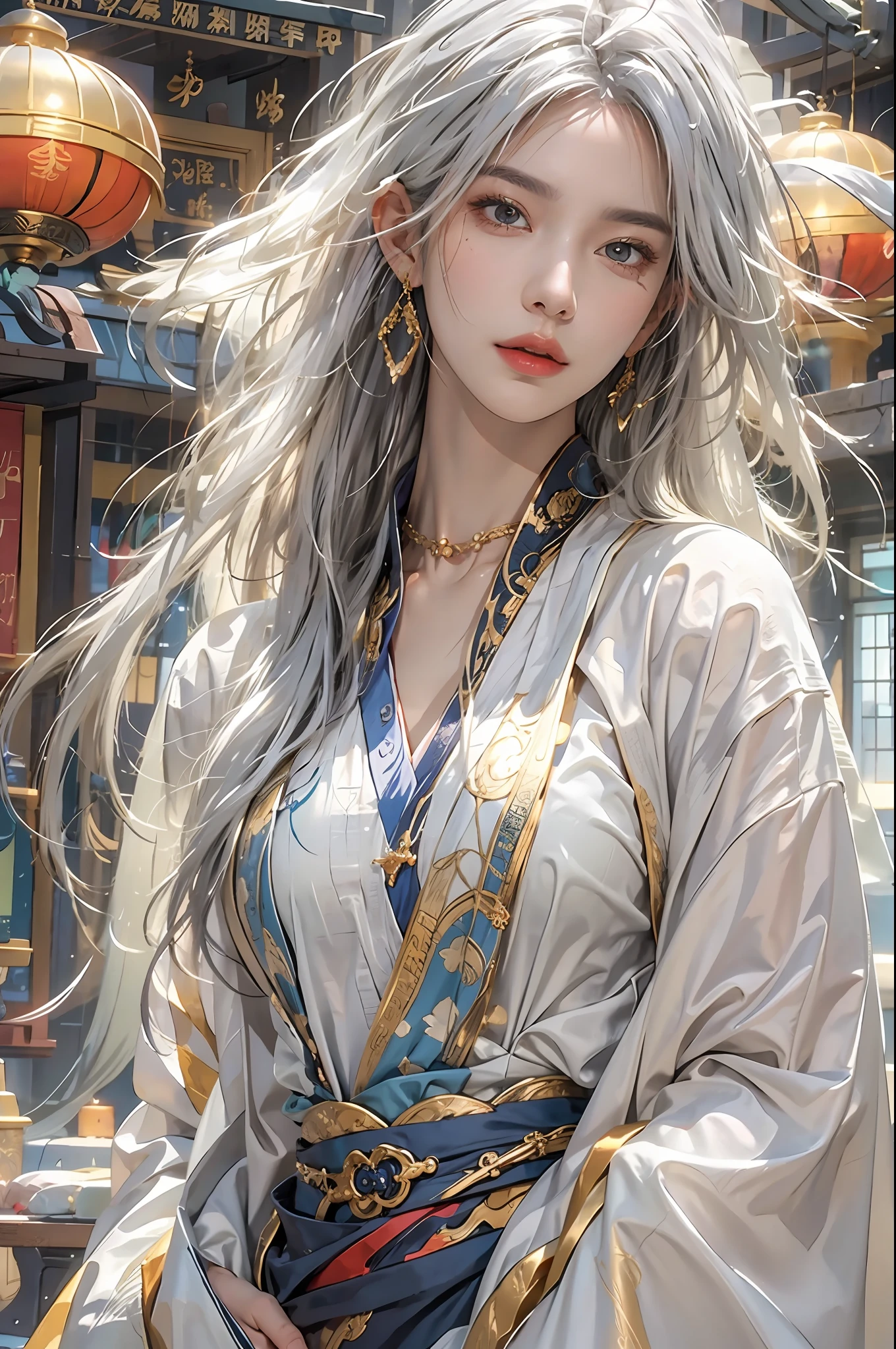 photorealistic, high resolution, 1women, solo, hips up, look at viewer, (detailed face), white hair, long hair, colorful Taoist robe,oversized clothes, jewelry