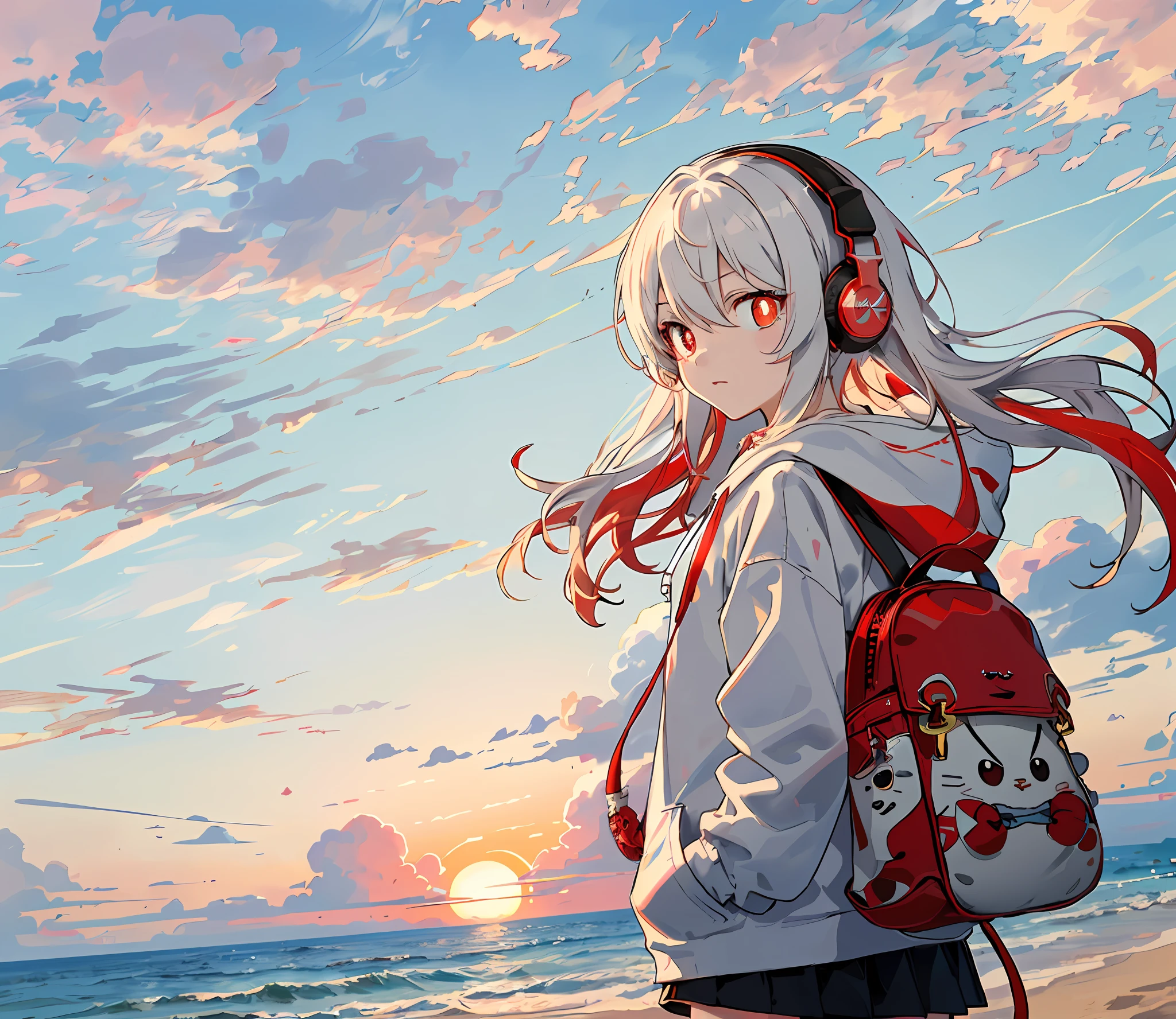 the setting sun，sea surface，sandbeach，Recife，Red-eyed anime girl，(((whaite hair)))，((Round pupils)),hands in a pocket，((((Red and white headphones))))，((White hoodies))，Red and white pattern，Puppy motif on school bag，shoreline，short detailed hair，horse tailed，backpacks