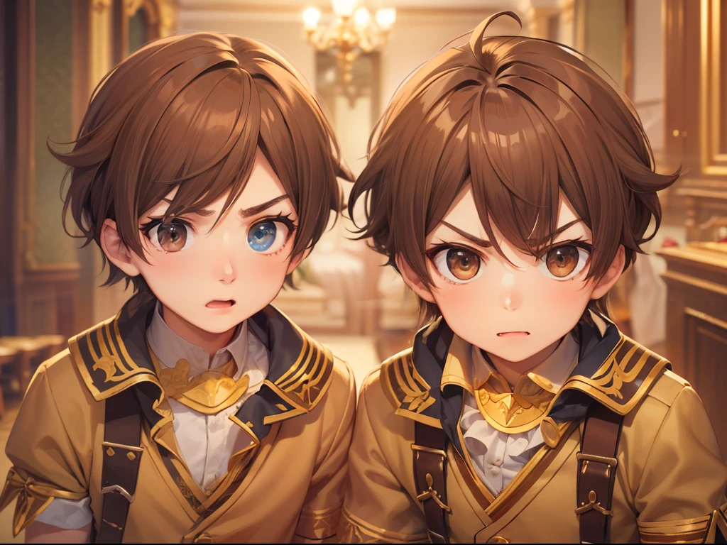 A pair of twin boys, In the banquet hall, Brown hair, Brown eyes, The expression is angry,