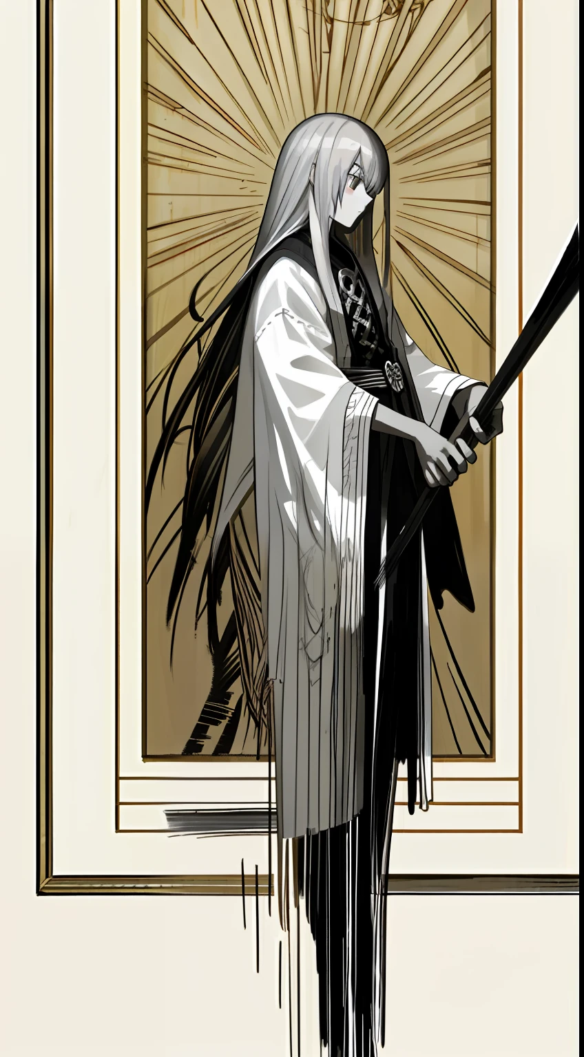 black and white manga style,sketching,Brush Strokes,Pencil stains Intricate moldings, ,White multi-layered embellishment,Strong visual impact,high saturated,shoun,As thin as a whipping post,Gray hair,Strong sense of design,Standing painting