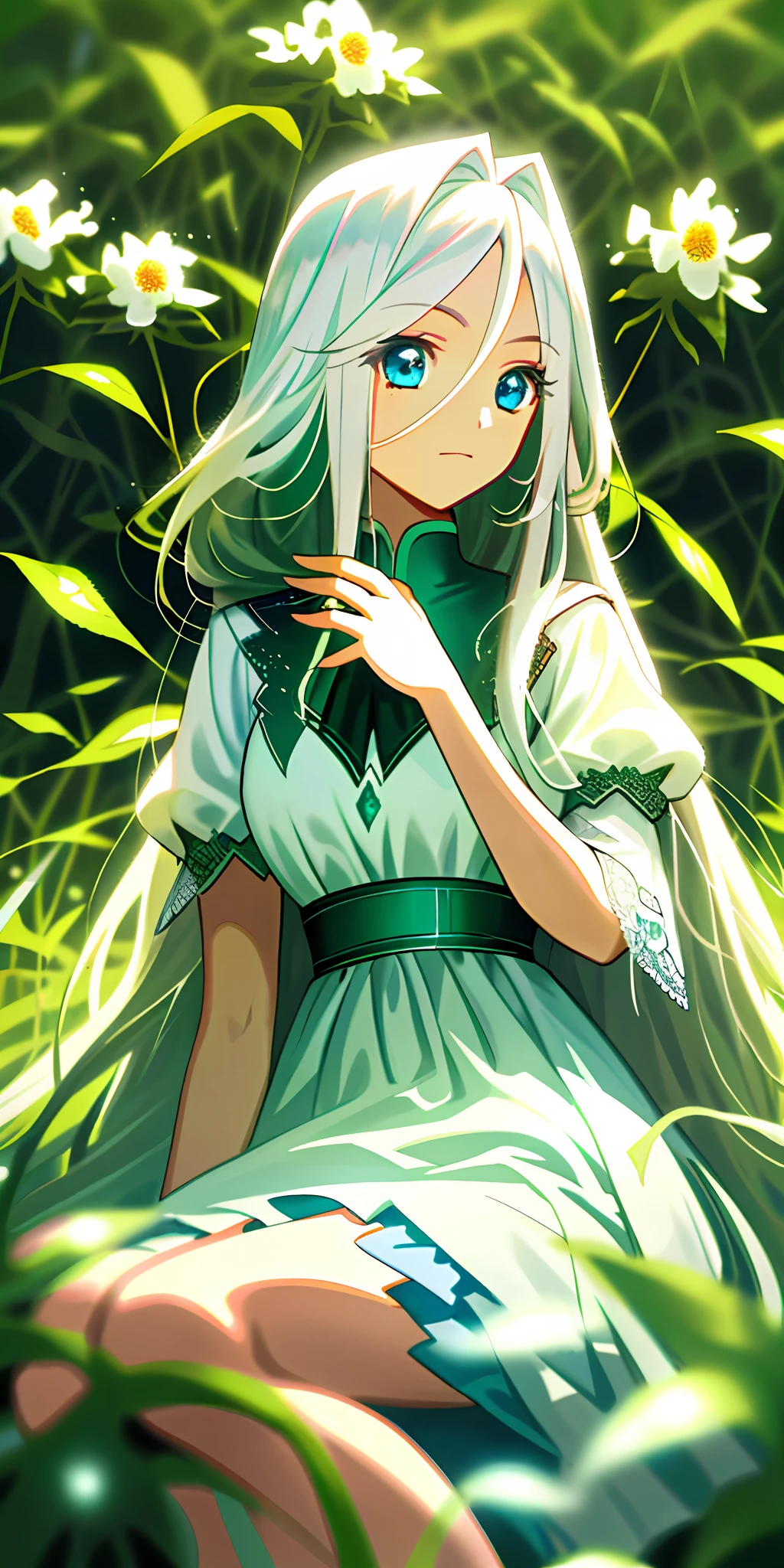 (tmasterpiece,best qualtiy),1 girl with long white hair sitting in a field with green plants and flowers with blue eyes,her hand under her chin,warmly lit,white dresses,Blurred foreground