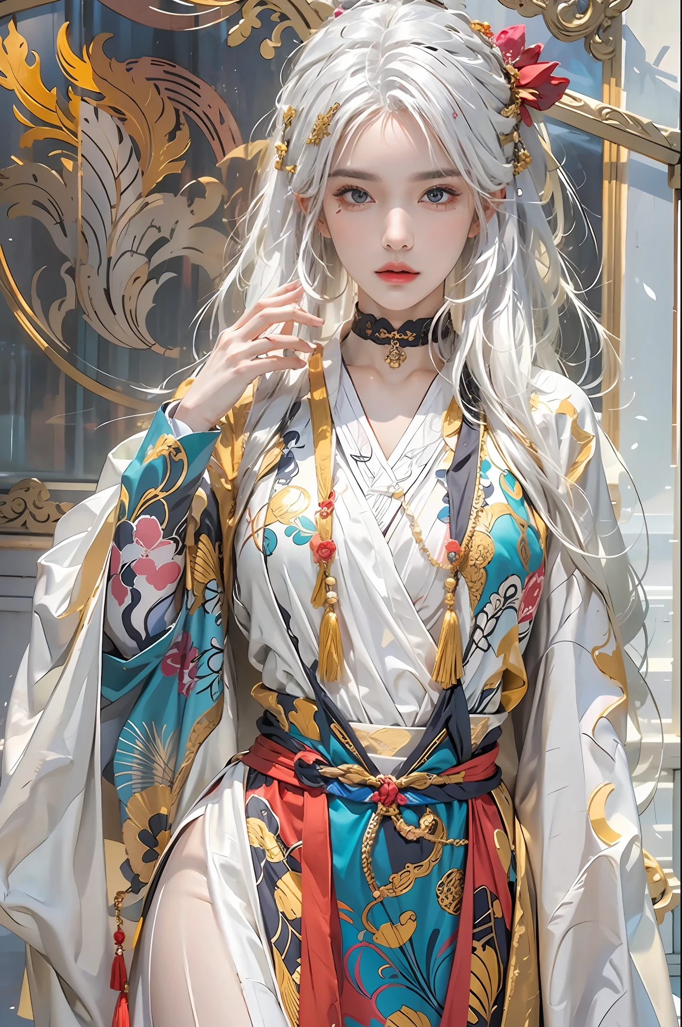 photorealistic, high resolution, 1women, solo, hips up, look at viewer, (detailed face), white hair, long hair, colorful Taoist robe,oversized clothes, jewelry