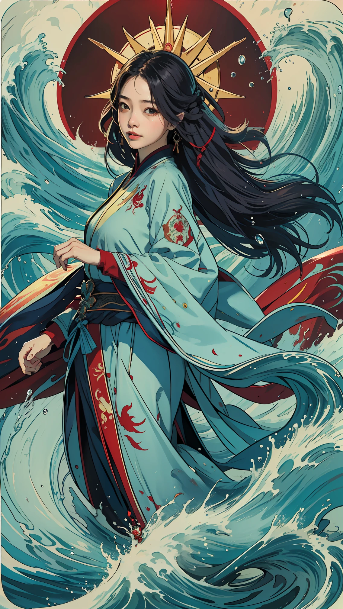 Best quality,Masterpiece,超高分辨率,,yushuishu,1girll,Solo,Long hair,water,Waves,full bodyesbian,Red style,theelementoffire