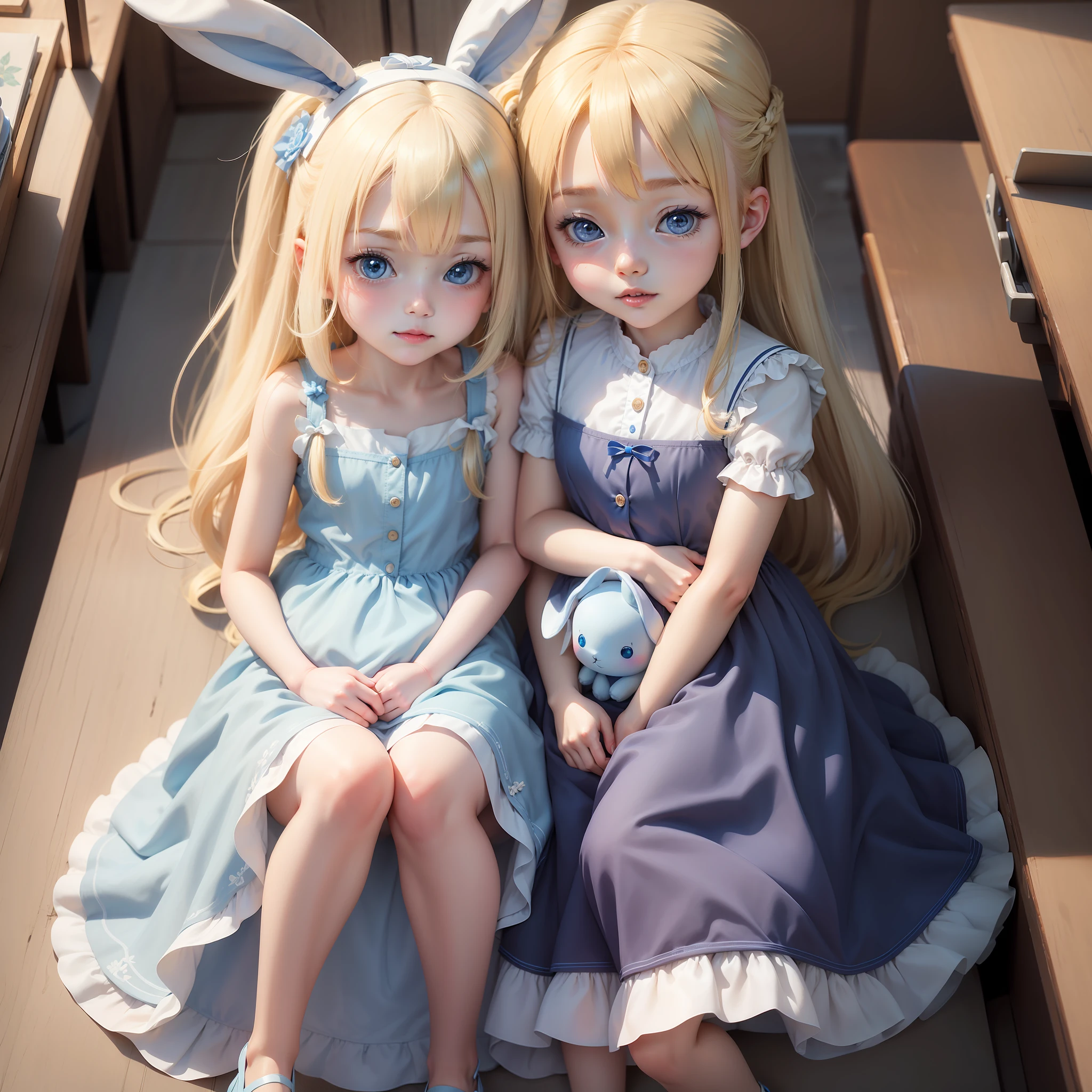 Fair skin，adolable，petite，blond hairbl，Blue and white dress，Bunny doll。