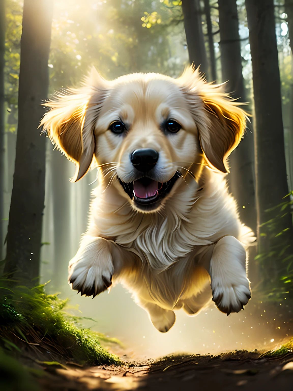 Close-up photo of a very cute jumping golden retriever puppy in the forest，Soft volumetric light，（The light from the back window is backlighted：1.3），（cinematic ligh：1.2），Complicated details，（ArtStation：1.3），Rutkowski