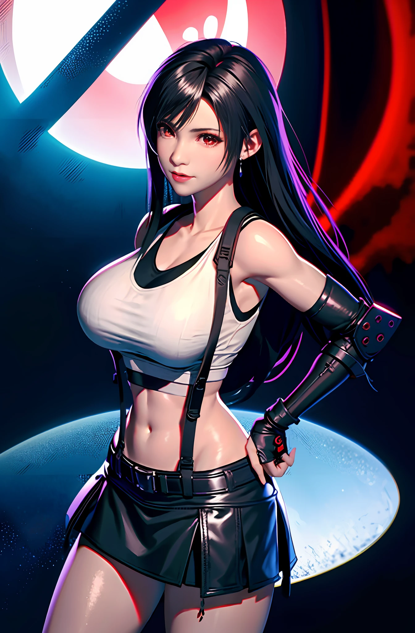 Tifa lockhart, tifa_lockhart,  ff7, sultry face, (white tank top:1.5), black latex miniskirt, (black long hair), hair bangs (red eyes:1.2) long eyelashes, surrealism, shadow, stereogram, POV, atmospheric perspective, cinematic lighting, ray tracing, 8k, super detail, best quality, masterpiece, well detailed,combat gloves, big breasts, slim, large boobs, huge boobs, spreading legs, white thong (smiling)