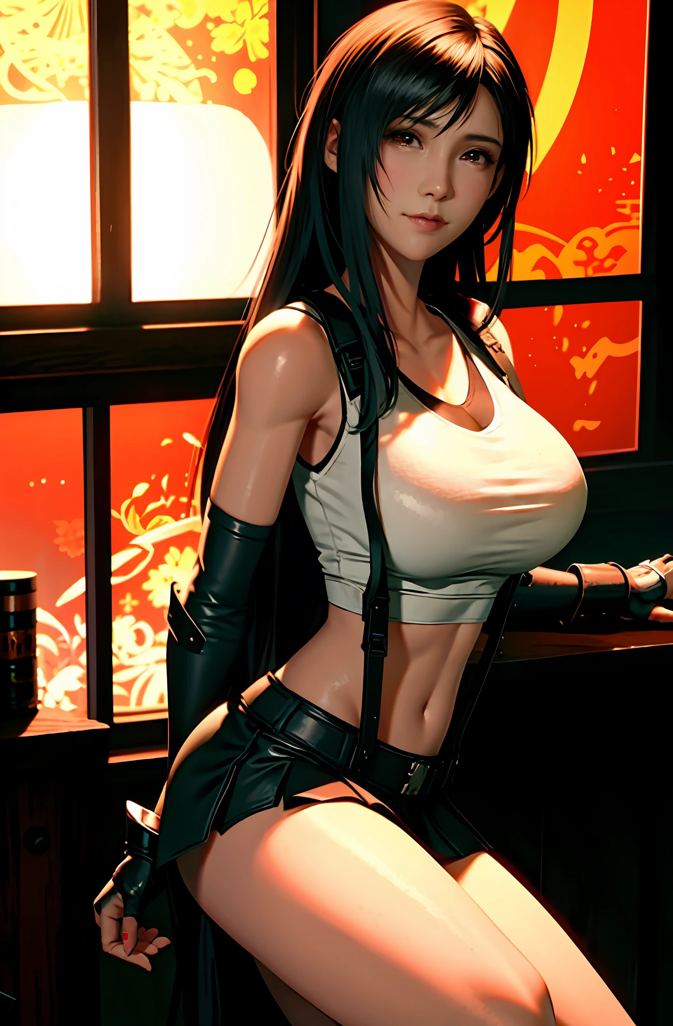 Tifa lockhart, tifa_lockhart, ff7, sultry face, (white tank top:1.5), black latex miniskirt, (black long hair), hair bangs (red eyes:1.2) long eyelashes, surrealism, shadow, stereogram, POV, atmospheric perspective, cinematic lighting, ray tracing, 8k, super detail, best quality, masterpiece, well detailed,combat gloves, big breasts, slim, large boobs, huge boobs, spreading legs, white thong (smiling)