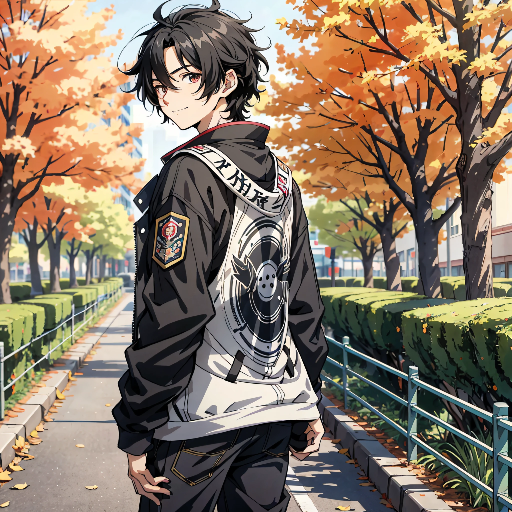 Anime style 4K，Anime rendering，style of anime，China Campus，A young man with messy black hair，on the campus，turning around，Happy and happy expression