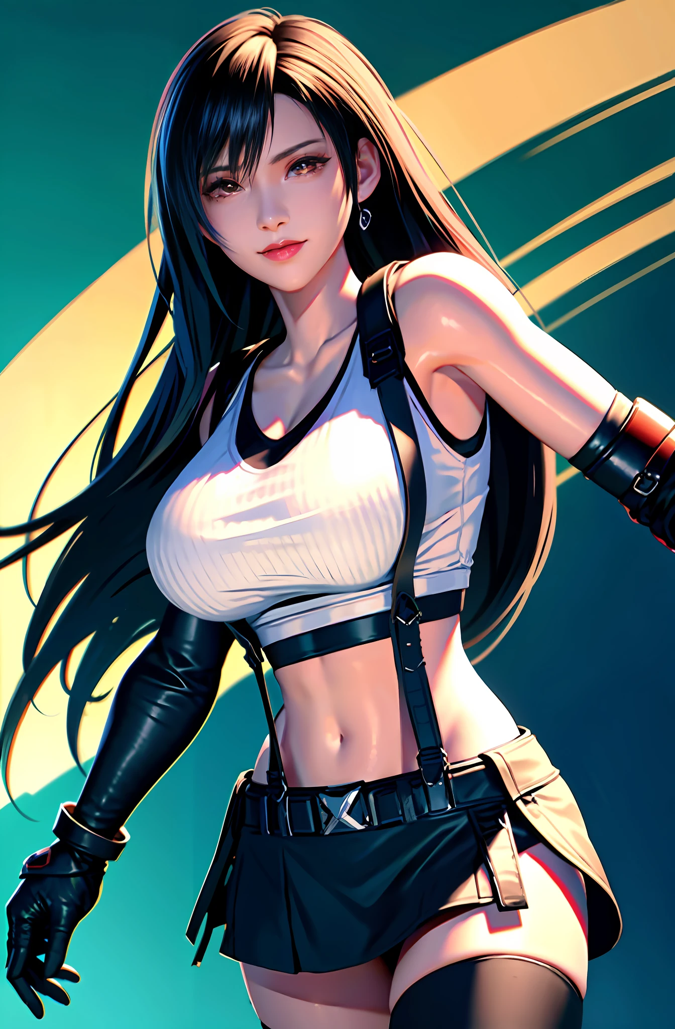 Tifa lockhart, tifa_lockhart,  ff7, sultry face, (white tank top:1.5), black latex miniskirt, (black long hair), hair bangs (red eyes:1.2) long eyelashes, surrealism, shadow, stereogram, POV, atmospheric perspective, cinematic lighting, ray tracing, 8k, super detail, best quality, masterpiece, well detailed,combat gloves, big breasts, slim, large boobs, huge boobs, spreading legs, white thong (smiling)