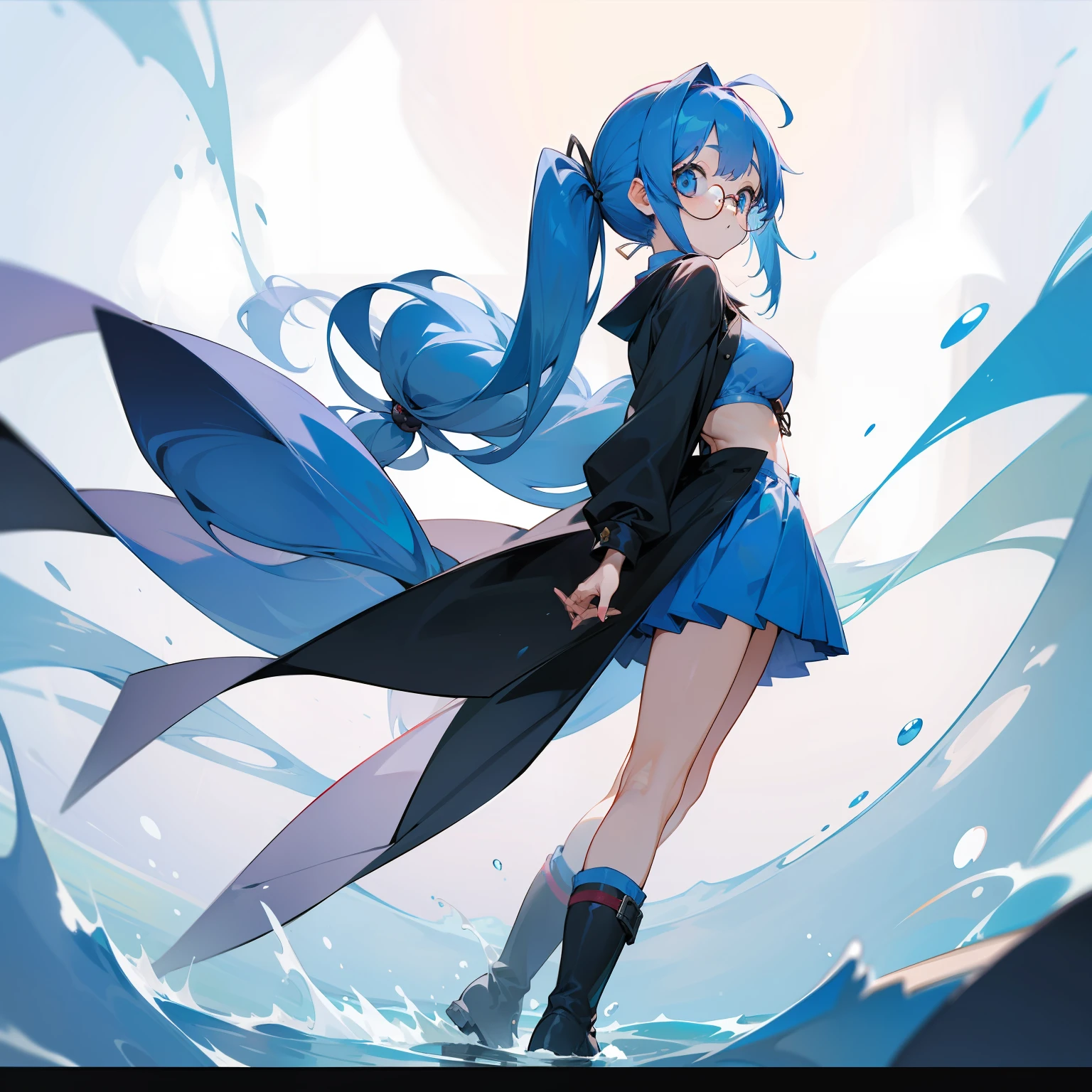 toddlers、Blue-haired、Big round glasses、poneyTail、long boots、girl with、爆乳、maikurobikini、Long coat、a miniskirt、The upper part of the body
