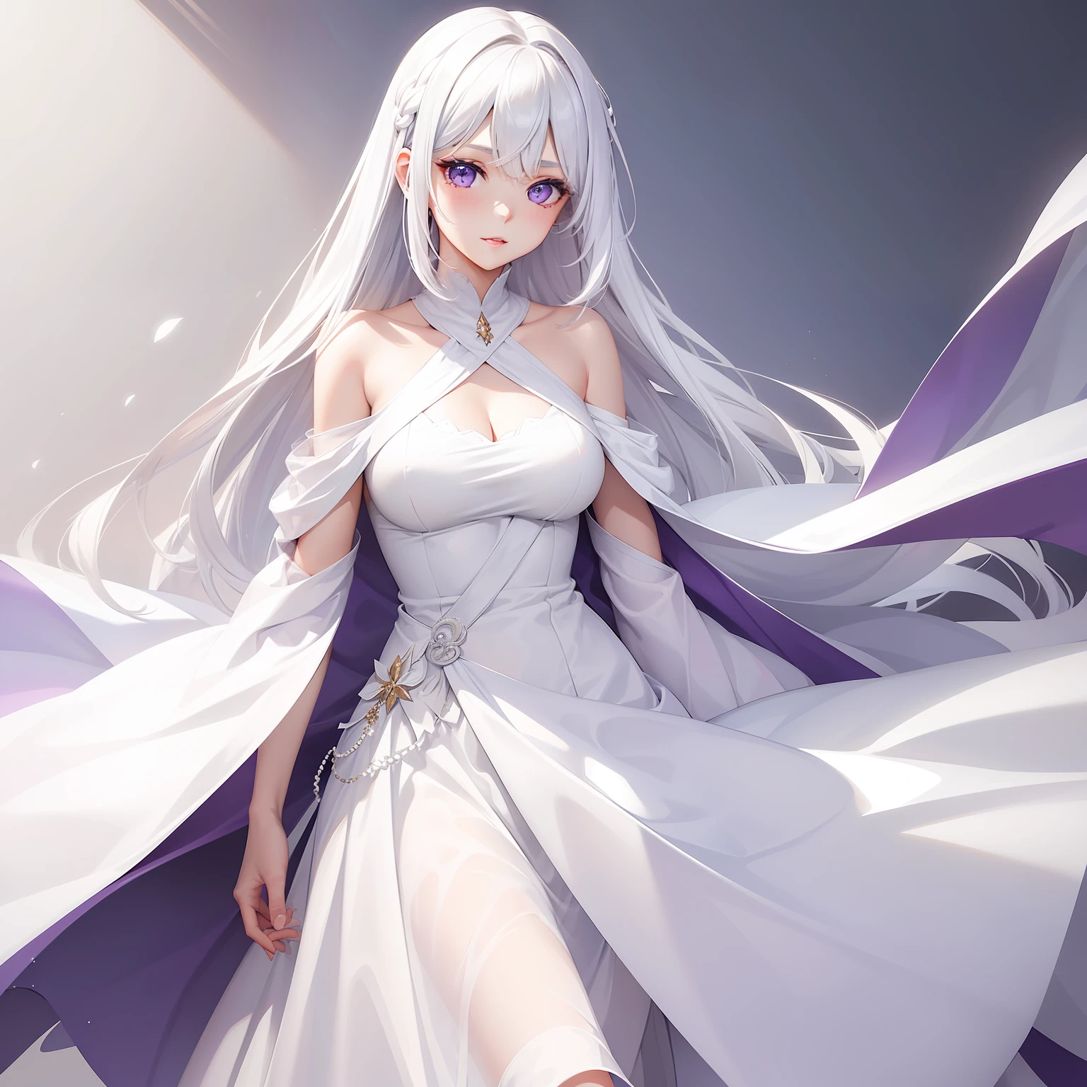 a women, white hair, purple eyes, white dress
