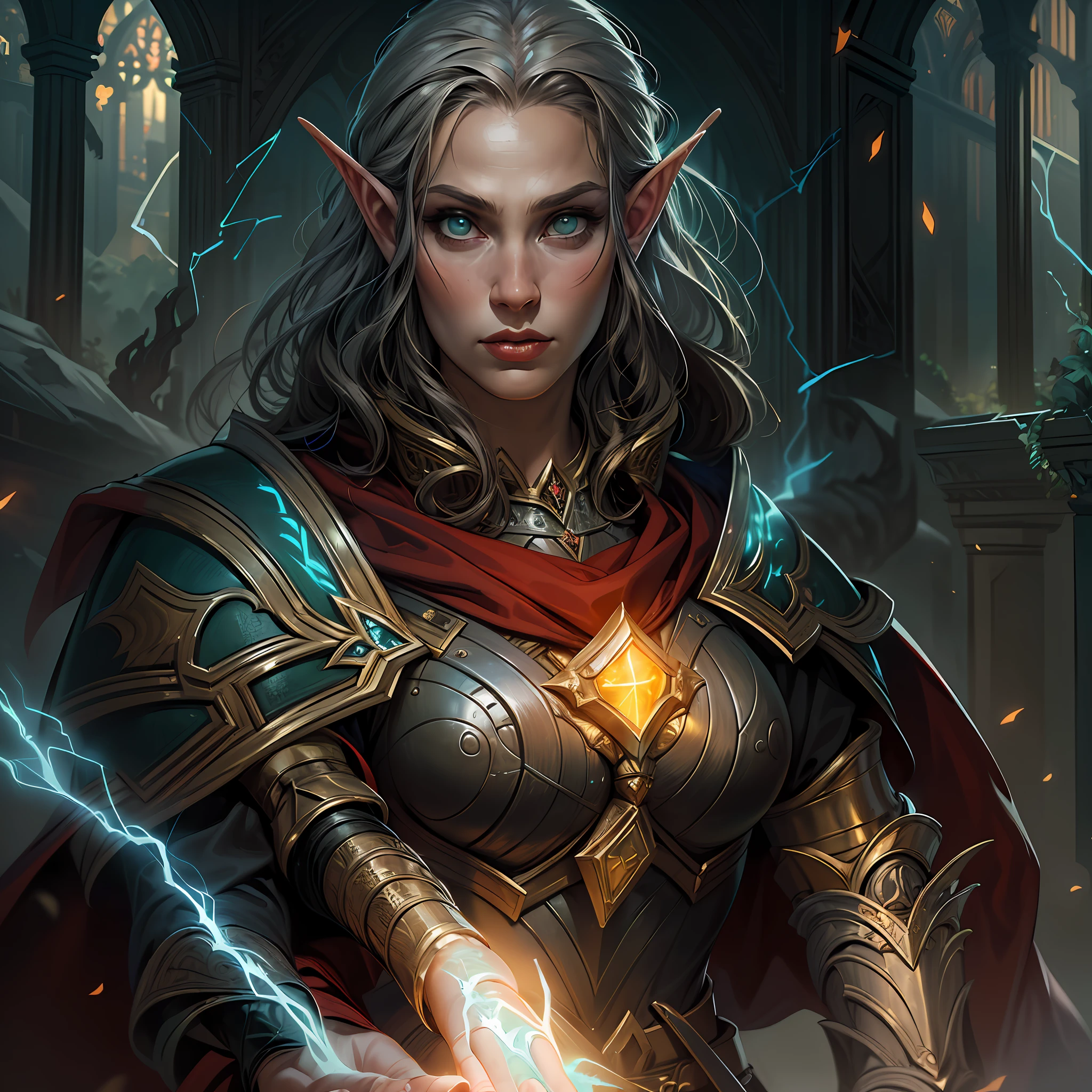 high details, best quality, 8k, [ultra detailed], masterpiece, best quality, (extremely detailed), dynamic angle, ultra wide shot, photorealistic, fantasy art, dnd art, rpg art, realistic art, an ultra wide picture of female elf cleric, holding a hammer, hammer in ligor with lightning sigils (1.5 intese details, Masterpiece, best quality), red cloak (1.5 intricate details, Masterpiece, best quality), holy htning, casting a spell, yellow magical lightning (1.5 intricate details, Masterpiece, best quality), wearing black armor, plate mail armor, elven armsymbol, blue light from symbol, black hair (1.5 intese details, Masterpiece, best quality), short hair, small pointed eard, intense eyes, green eyes, D&D female elf (1.5 intricate details, Masterpiece, best quality) fantasy temple background, lightning storm background, ((divine worship atmosphere)), high details, best quality, highres, ultra wide angle