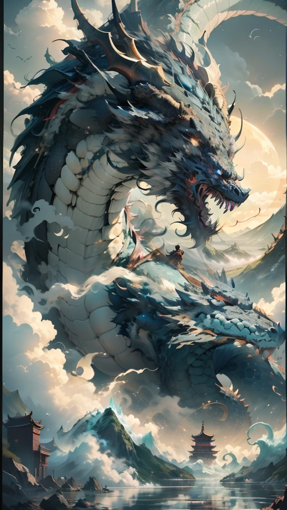 A huge dragon like a mountain devoured the sun and the moon，The figure is visible in the clouds，The black water is turbulent，（The waves are skyrocketing），Senzan Island，（Pavilions in mid-empty clouds），（（surrounded by cloud）），tosen，Fierce，（（Chinese mythology）），high qulity，super-fine，Detailed pubic hair，Accurate，（tmasterpiece），Works of masters，（16K resolution），电影灯光，Dynamic viewing angle 117/2000