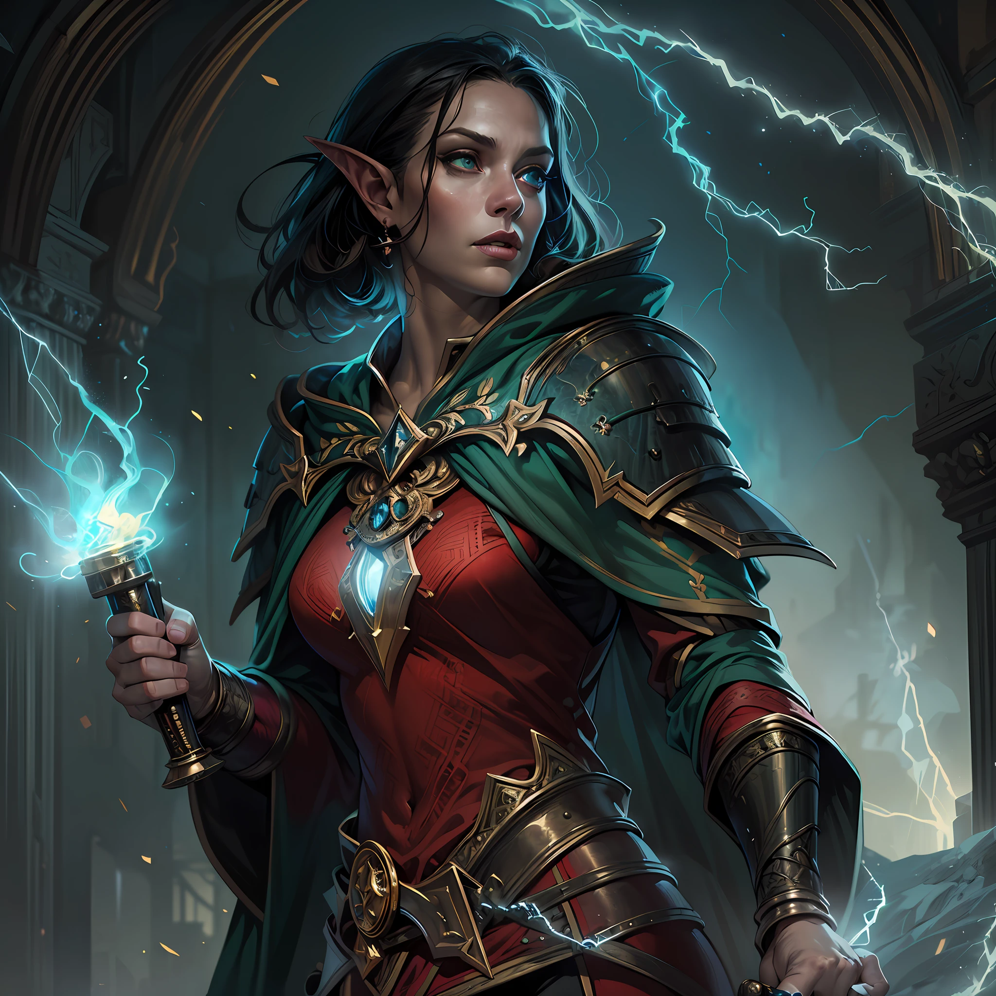 high details, best quality, 8k, [ultra detailed], masterpiece, best quality, (extremely detailed), dynamic angle, ultra wide shot, photorealistic, fantasy art, dnd art, rpg art, realistic art, an ultra wide picture of female elf cleric, holding a hammer, hammer in ligor with lightning sigils (1.5 intese details, Masterpiece, best quality), red cloak (1.5 intricate details, Masterpiece, best quality), holy htning, casting a spell, yellow magical lightning (1.5 intricate details, Masterpiece, best quality), wearing black armor, plate mail armor, elven armsymbol, blue light from symbol, black hair (1.5 intese details, Masterpiece, best quality), short hair, small pointed eard, intense eyes, green eyes, D&D female elf (1.5 intricate details, Masterpiece, best quality) fantasy temple background, lightning storm background, ((divine worship atmosphere)), high details, best quality, highres, ultra wide angle