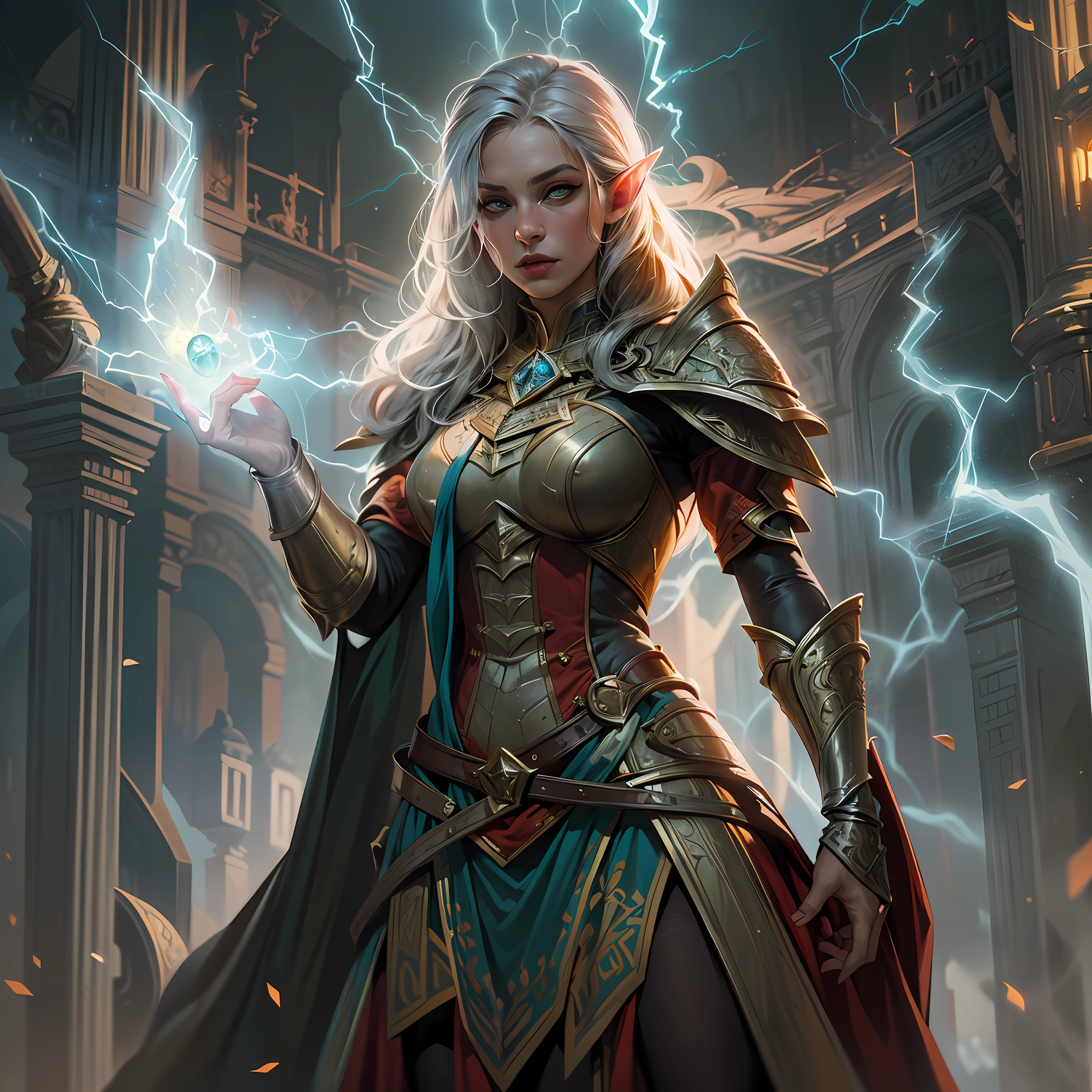 high details, best quality, 8k, [ultra detailed], masterpiece, best quality, (extremely detailed), dynamic angle, ultra wide shot, photorealistic, fantasy art, dnd art, rpg art, realistic art, an ultra wide picture of female elf cleric, holding a hammer, hammer in ligor with lightning sigils (1.5 intese details, Masterpiece, best quality), red cloak (1.5 intricate details, Masterpiece, best quality), holy htning, casting a spell, yellow magical lightning (1.5 intricate details, Masterpiece, best quality), wearing black armor, plate mail armor, elven armsymbol, blue light from symbol, black hair (1.5 intese details, Masterpiece, best quality), short hair, small pointed eard, intense eyes, green eyes, D&D female elf (1.5 intricate details, Masterpiece, best quality) fantasy temple background, lightning storm background, ((divine worship atmosphere)), high details, best quality, highres, ultra wide angle