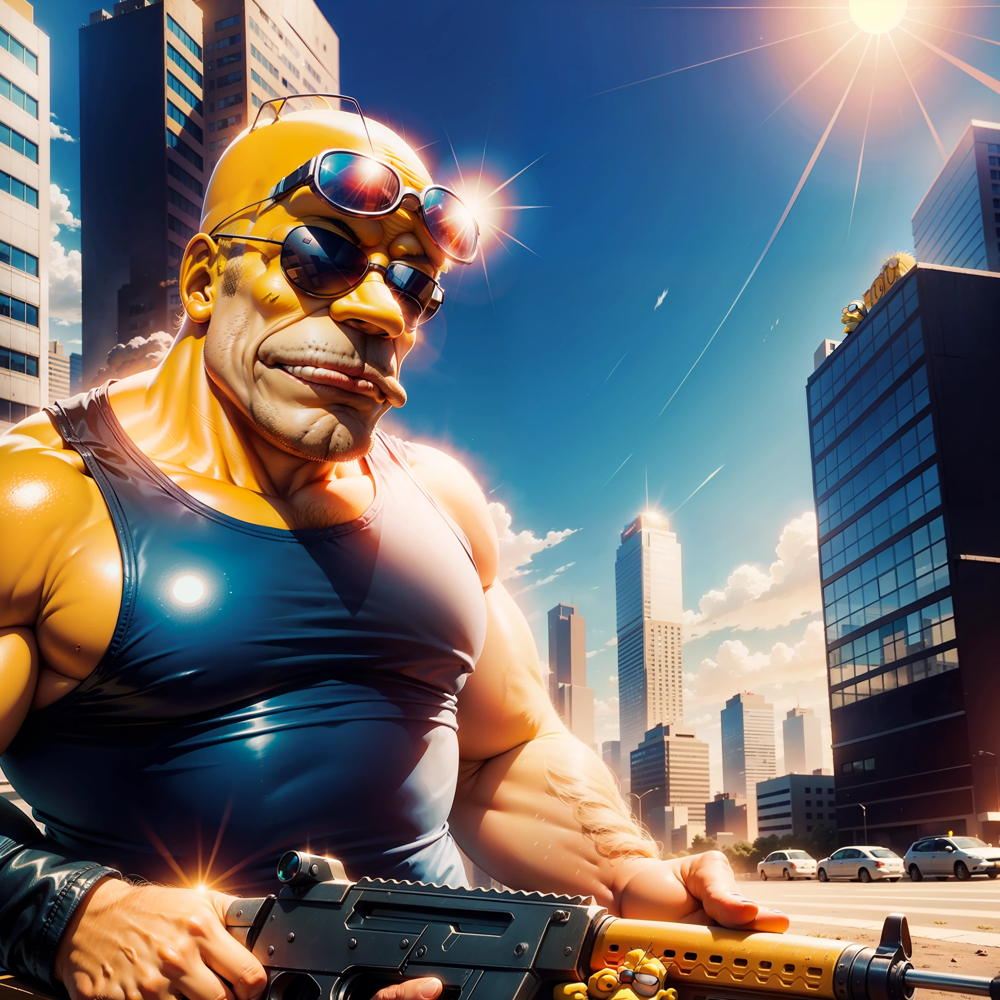 Homer Simpson, Holding shotgun, wearing sunglasses, sun beaming on head, city background, staring away from camera, holding shotgun firmly, cool expression on face, slight smirk, 4K, cartoon,