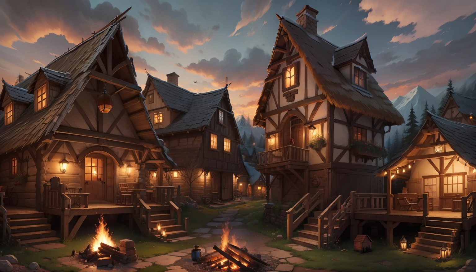 cozy village with campfire ( now put a bard playing instruments)
