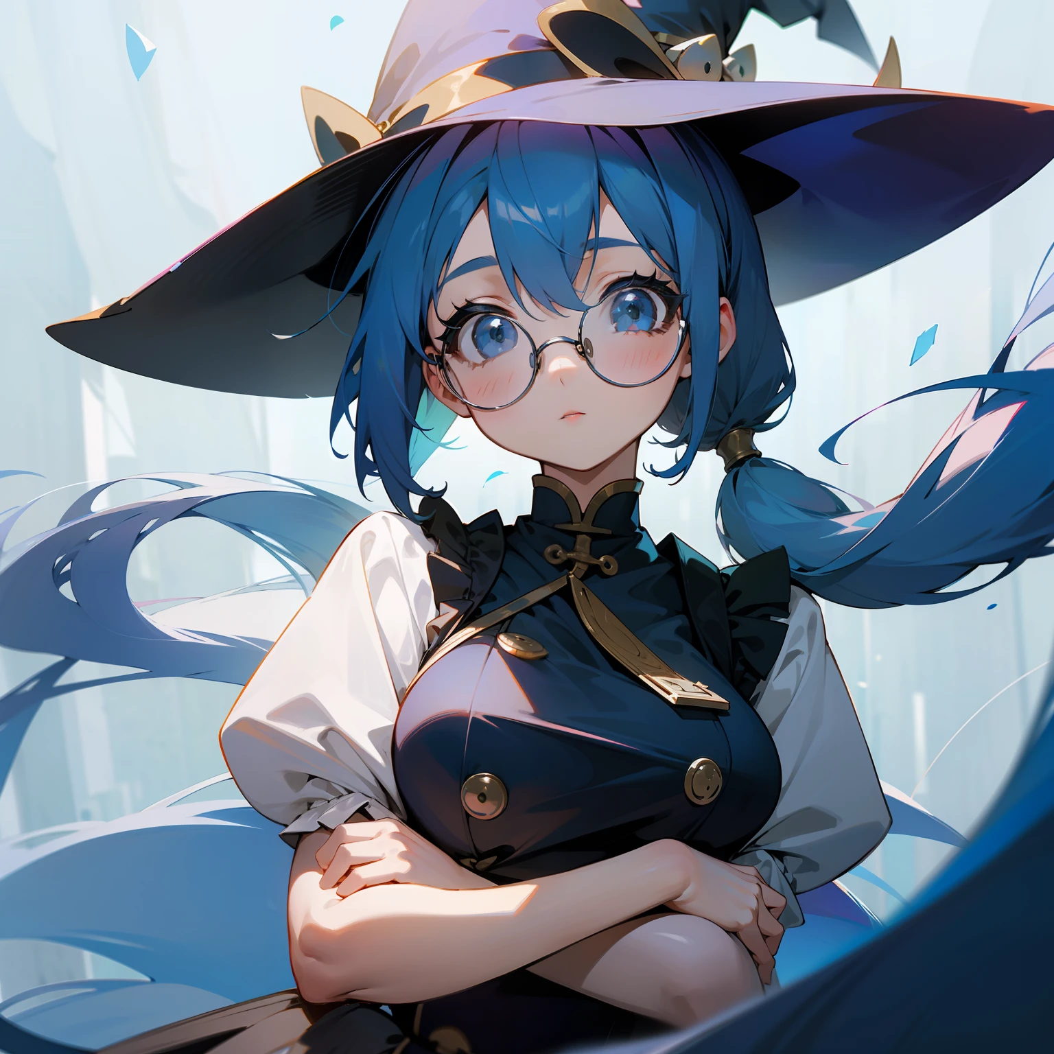 Blue-haired、Big round glasses、poneyTail、1girl in、(爆乳、Photograph the upper body、frontage、toddlers)Two-handed piece、Pichi Pichi、Attractive thighs、the witch