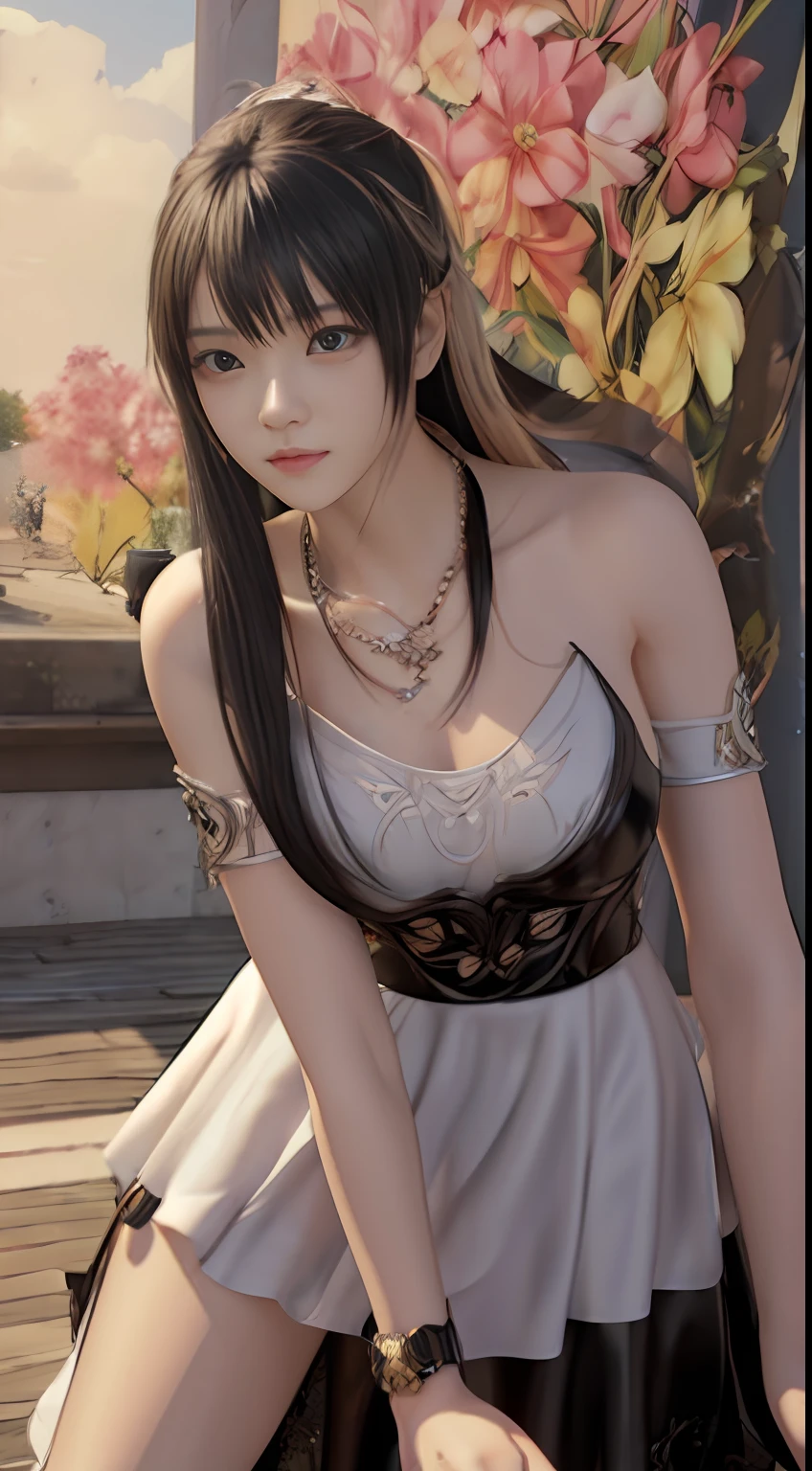 Alabi Asian woman wearing white dress，Wearing a large necklace, Guviz-style artwork, Guviz, guweiz masterpiece, Anime style. 8K, photorealistic anime girl rendering, [ 4 K digital art ]!!, Realistic anime 3 D style, beautiful and seductive anime woman, Guweiz on ArtStation Pixiv，Different postures