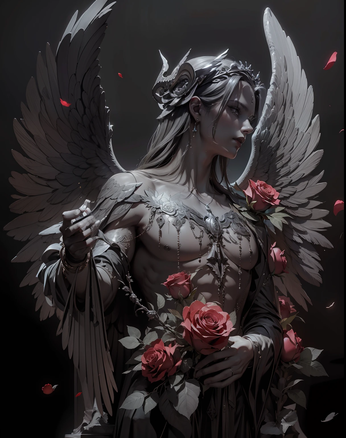 (Very detailed 8K wallpapers), medium plan,(Masterpiece, Top Quality, Best Quality), (headband),Statue with wings and roses on the chest and wings around the body, with a dark background, Bastien L. Deharm, Dark art, marble sculpture, Gothic artintricate, higly detailed, dramatic