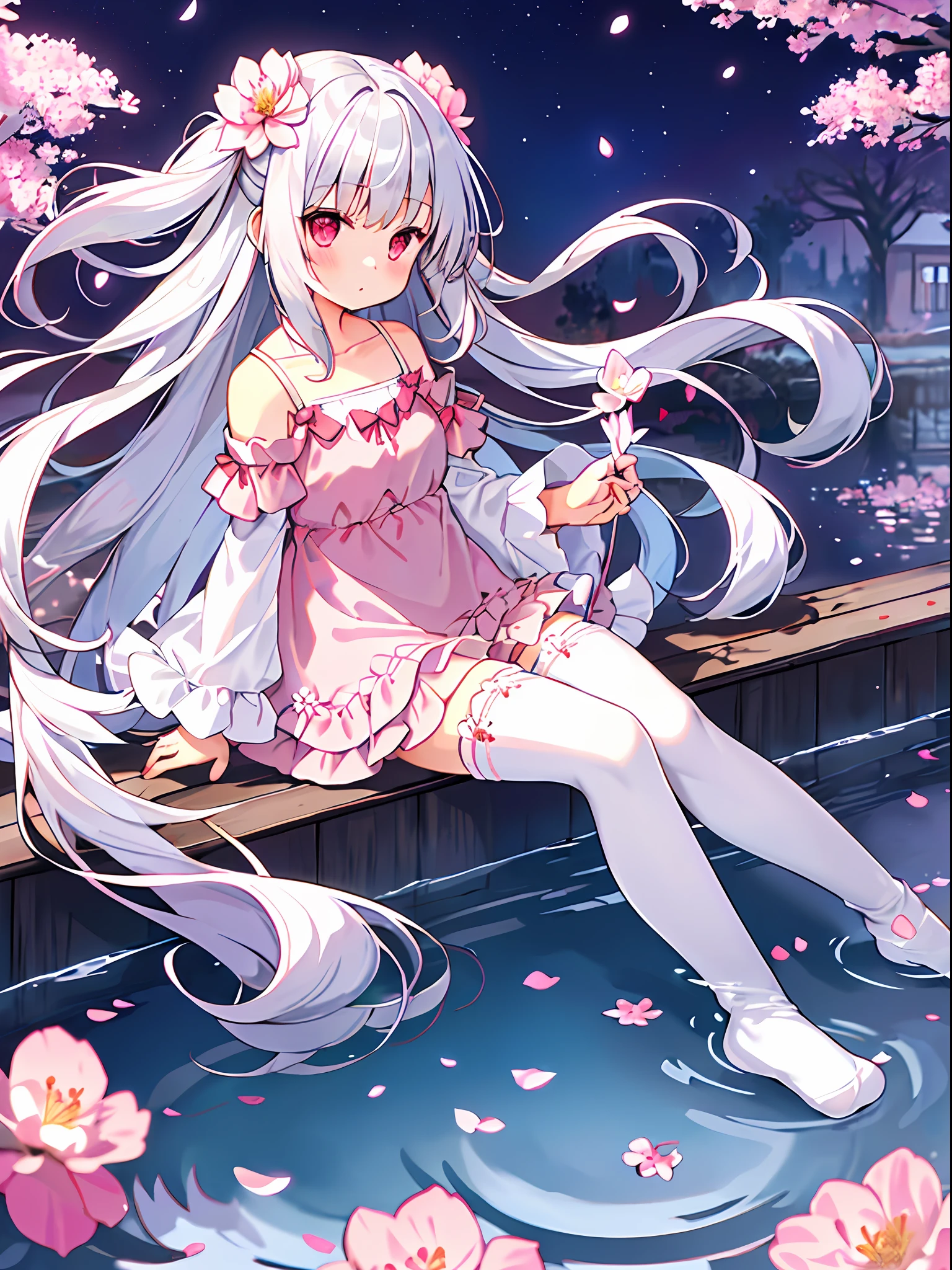 (sitting),(bow),(silver hair),(long hair),(light red eyes),hreat in the eyes,(white fourpetal flower hair ornament:1.1),(blush),bangs,(a girl in[(nightdress):(((no socks))):0.4]:1.2),(bare shoulder),collarbone,(white thighhighs:1.2),frilled sleeves,looking at viewer,[(night:1.2),peaceful,sky,((full moon)),stars,house,town,(in a courtyard),water drop,pond,(near by the pond),tree,flower request,wind::0.6],(lridescent light refraction),(floating pink petals:1.2),dreamy