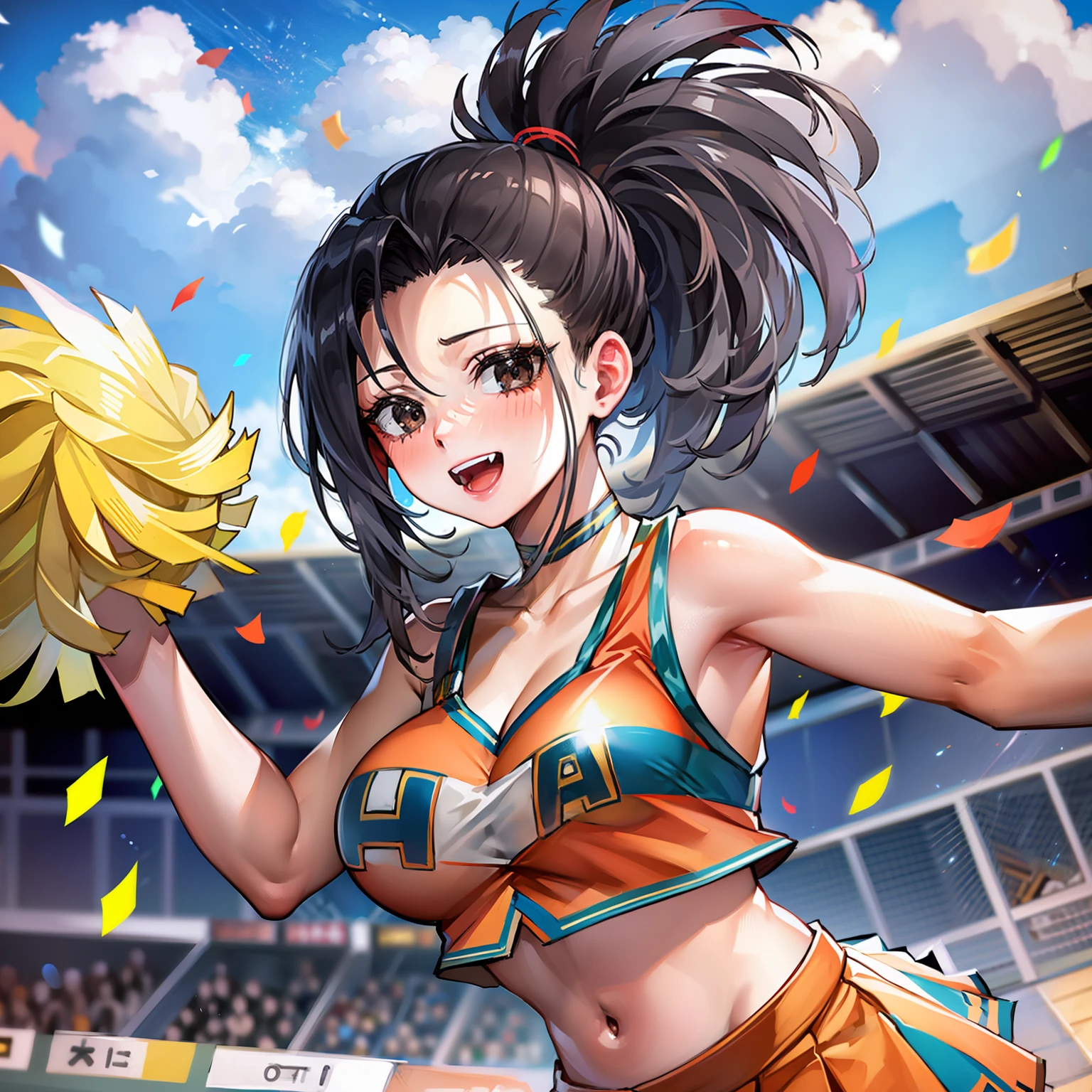 masterpiece, best quality, highres, 1girl, yaoyorozu momo, black hair, ponytail, hair pulled back, black eyes, large breasts, cheerleader, crop top, choker, sleeveless, pleated skirt, orange skirt, pom pom \(cheerleading\), outdoors, smile, open mouth,