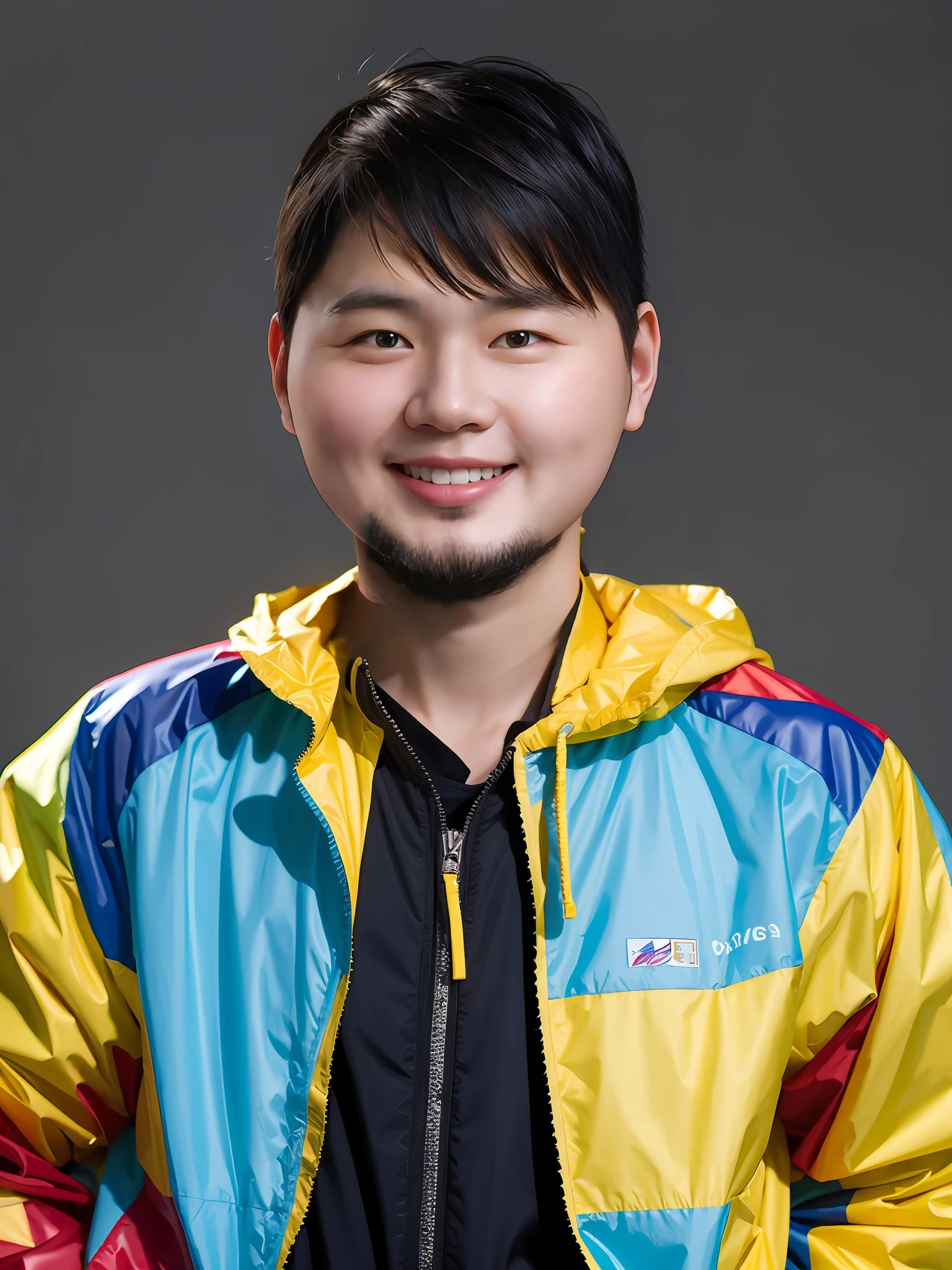 A Chinese male high school student,Wear a colorful raincoat,There are zippers
