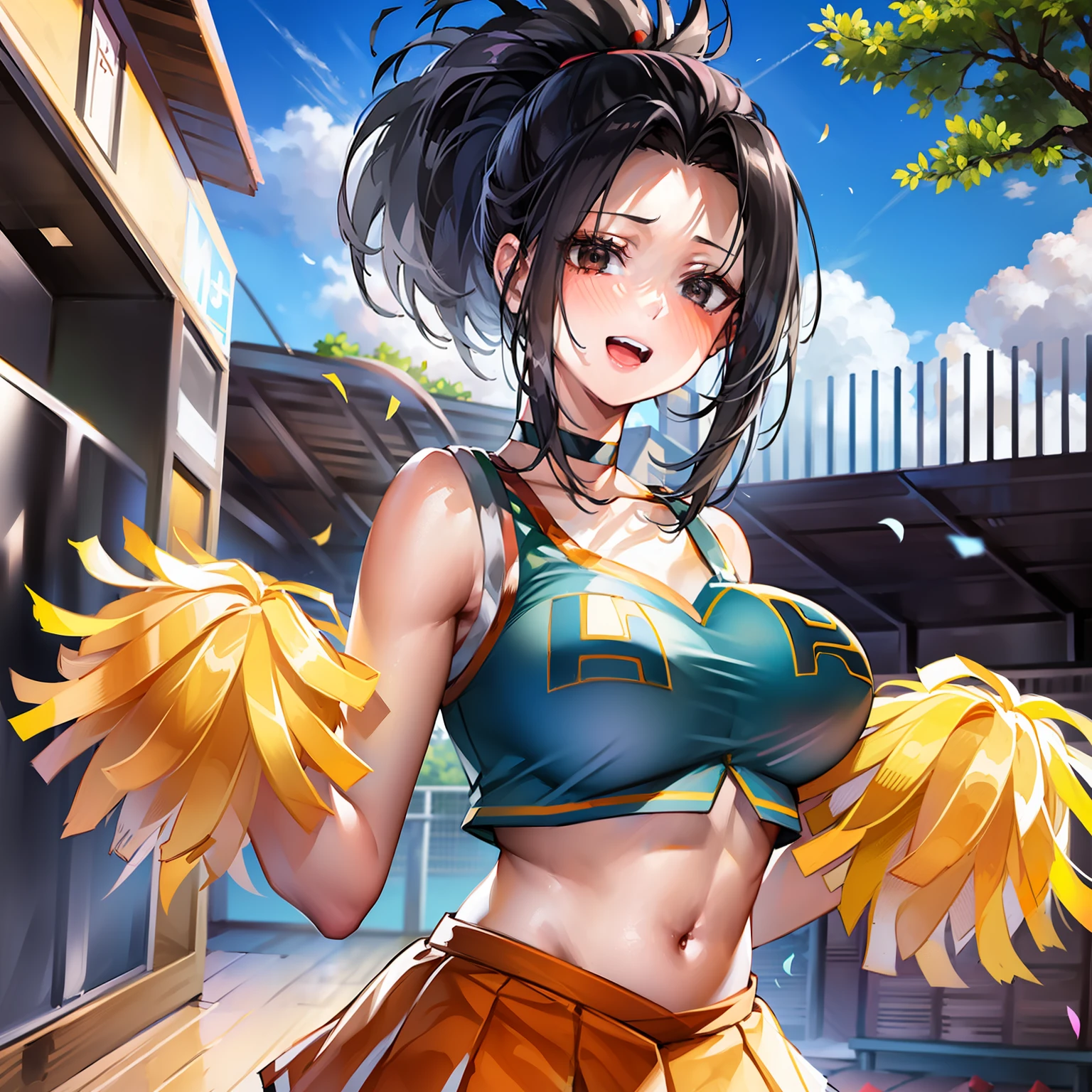 masterpiece, best quality, highres, 1girl, yaoyorozu momo, black hair, ponytail, hair pulled back, black eyes, large breasts, cheerleader, crop top, choker, sleeveless, pleated skirt, orange skirt, pom pom \(cheerleading\), outdoors, smile, open mouth,