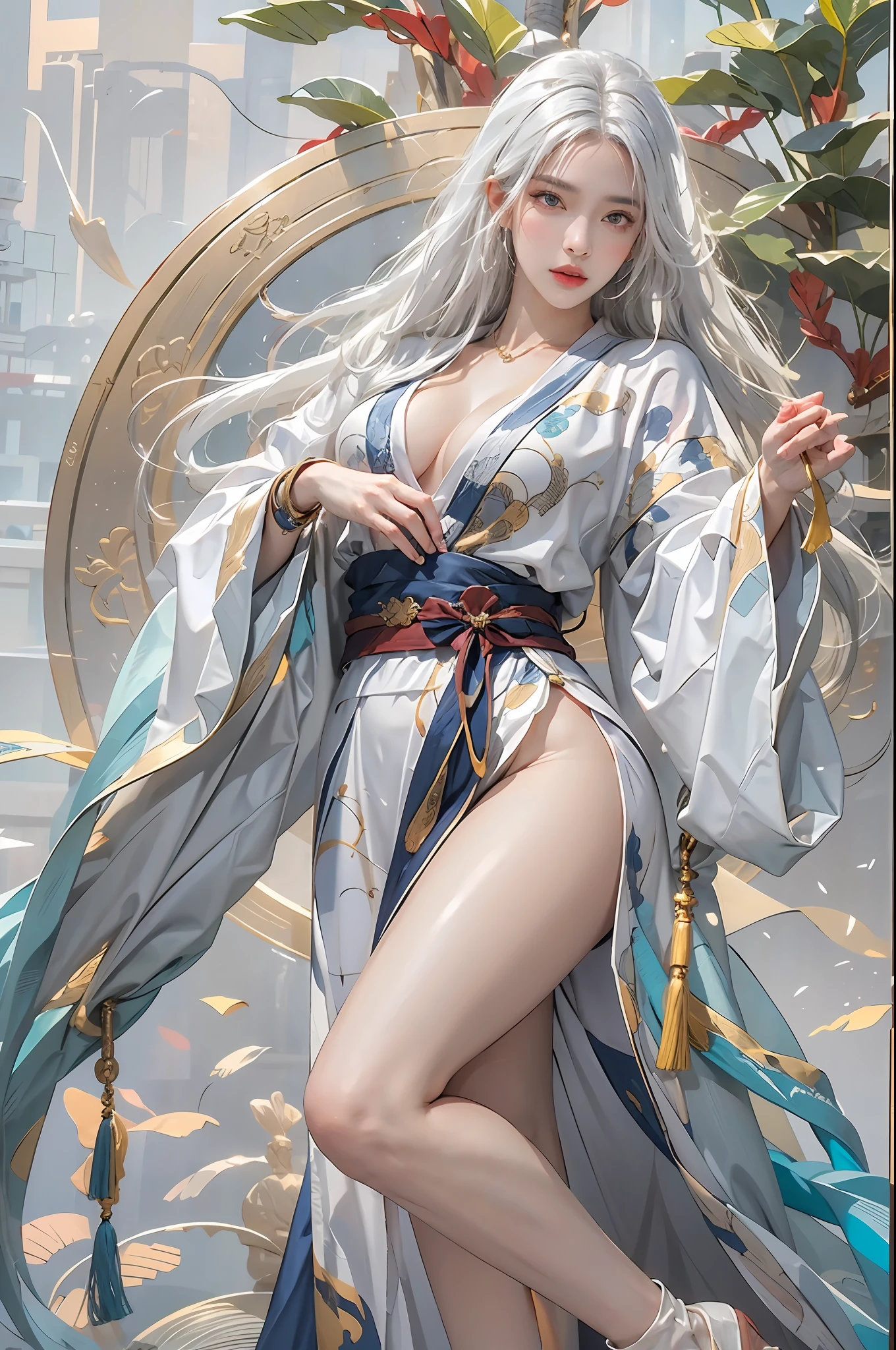 photorealistic, high resolution, 1women, solo, hips up, look at viewer, (detailed face), white hair, medium breasts, long hair, colorful Taoist robe,oversized clothes, jewelry